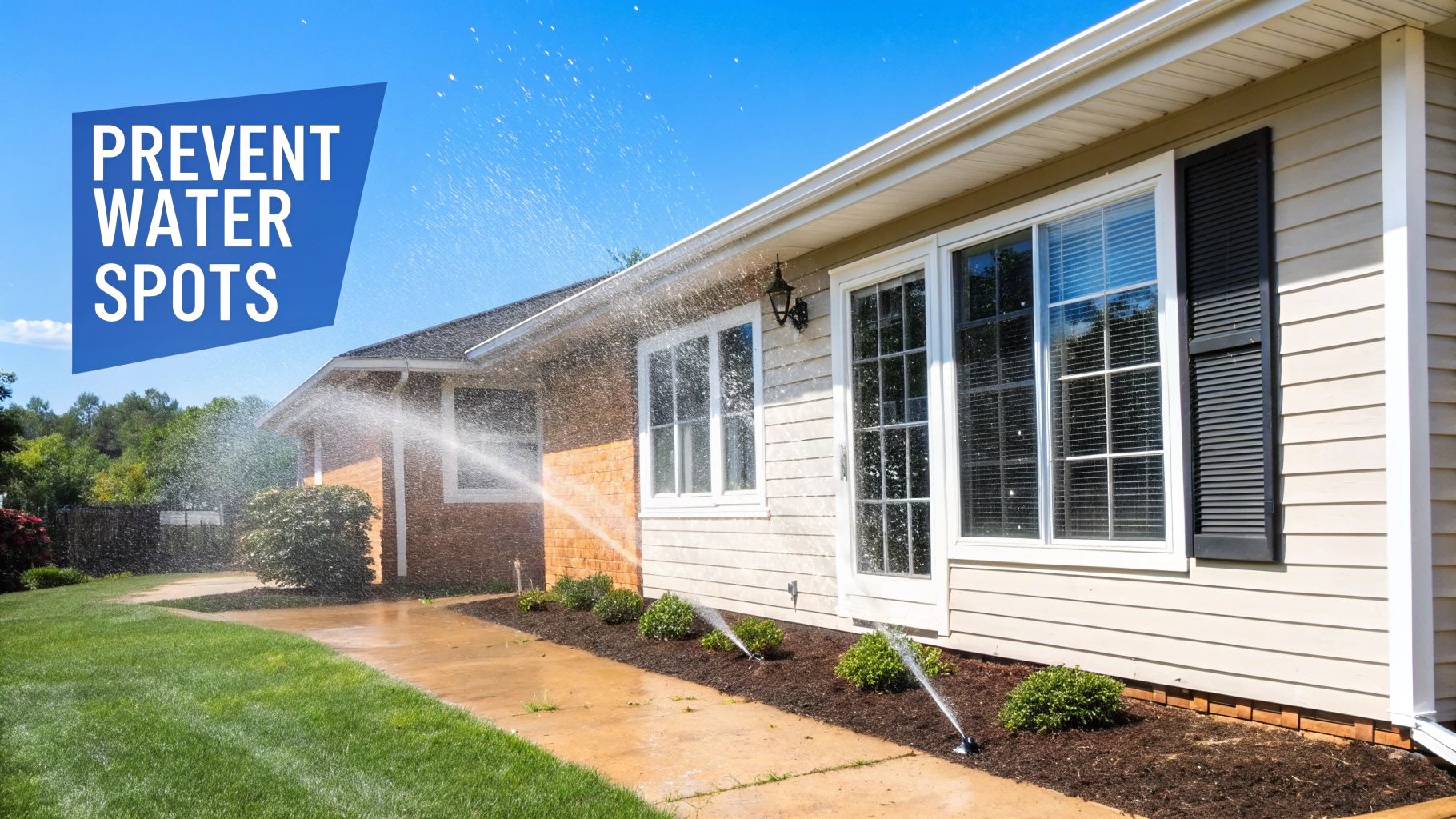 Sprinklers watering a house, spraying water onto windows and siding, with text 'PREVENT WATER SPOTS'.