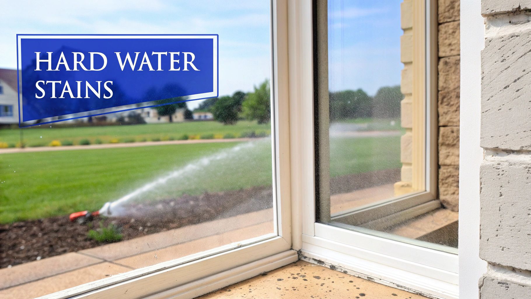 A close-up view of a window pane with visible hard water stains, a sprinkler waters a lawn outside.