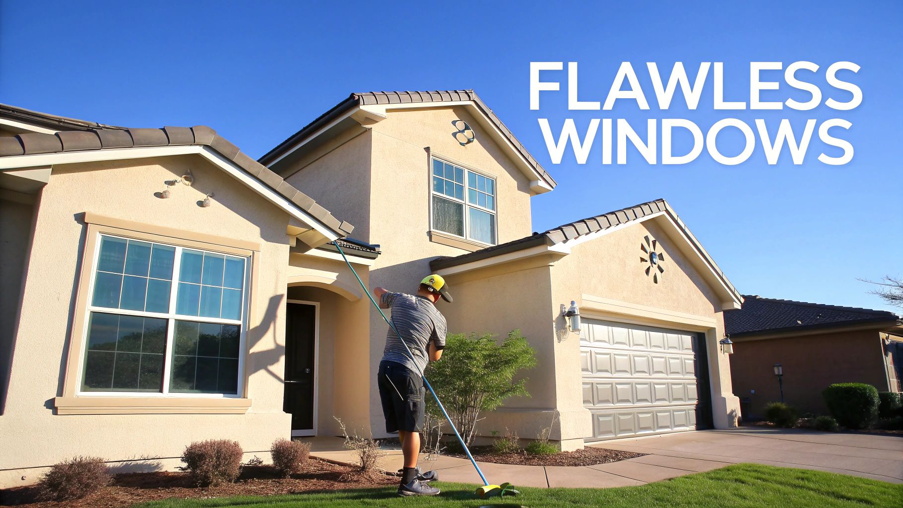A person uses a pole to clean the exterior windows of a modern beige house, under a clear blue sky.