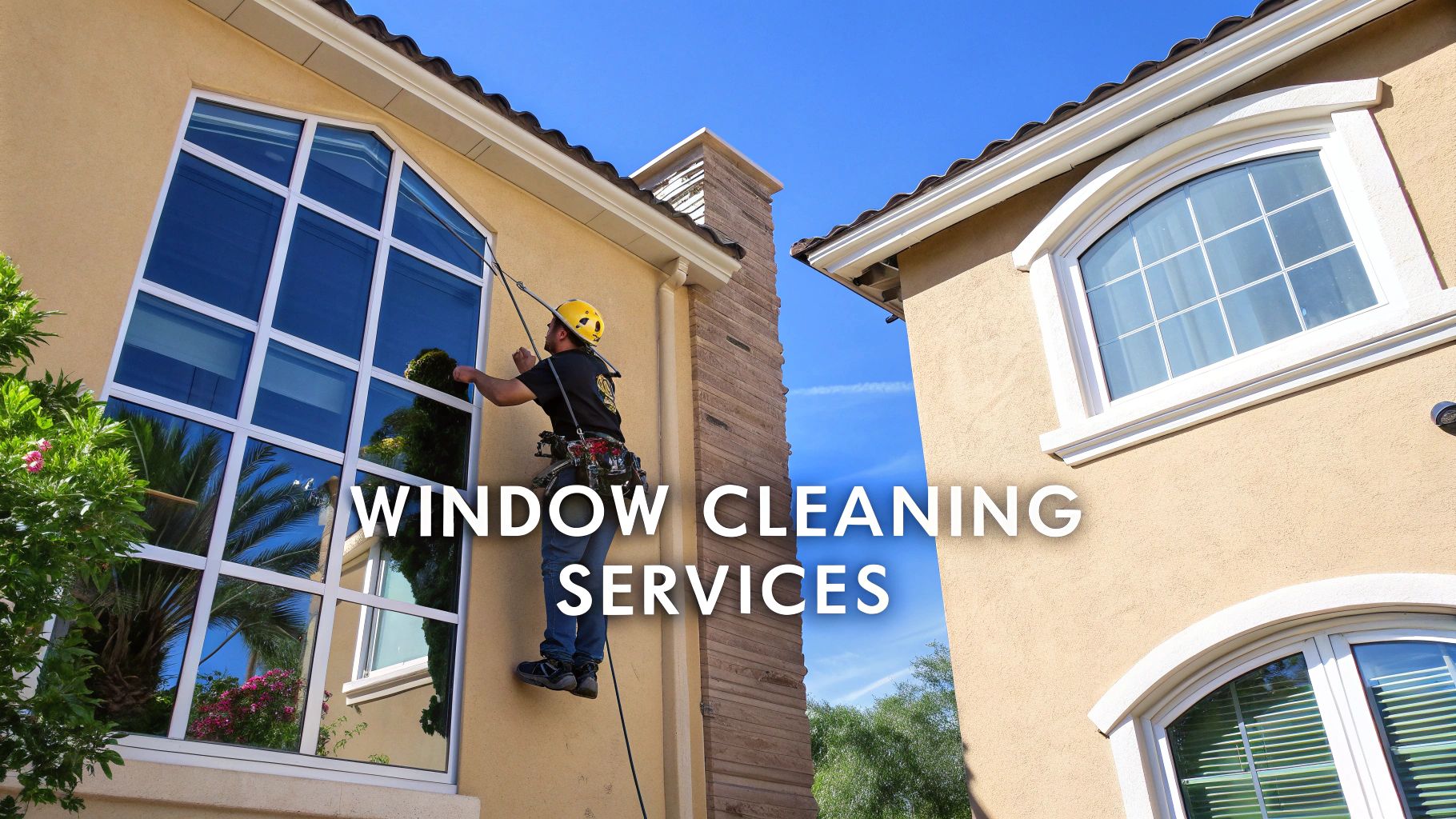 A professional window cleaner in a yellow helmet uses a long pole to clean windows on a beige building under a clear blue sky.