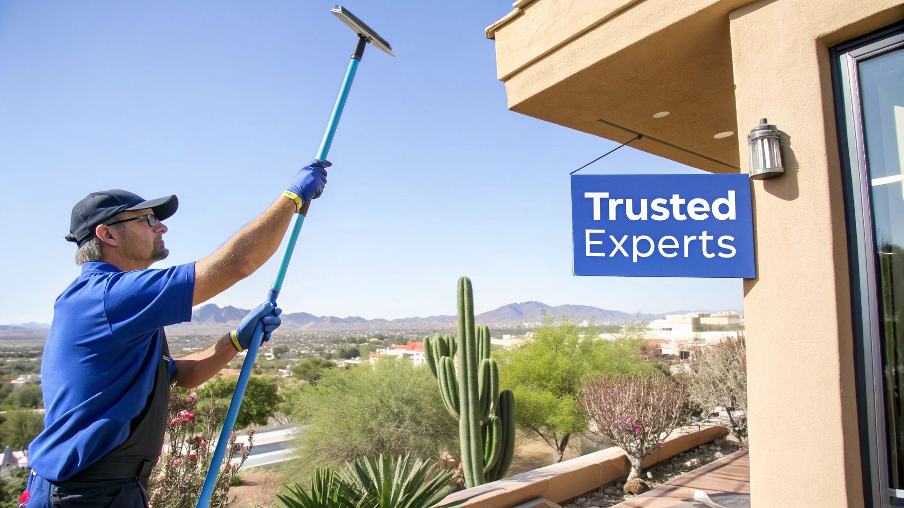 A professional window cleaner in a blue uniform and gloves uses a long pole and squeegee on a building in a desert setting, with a 'Trusted Experts' sign.