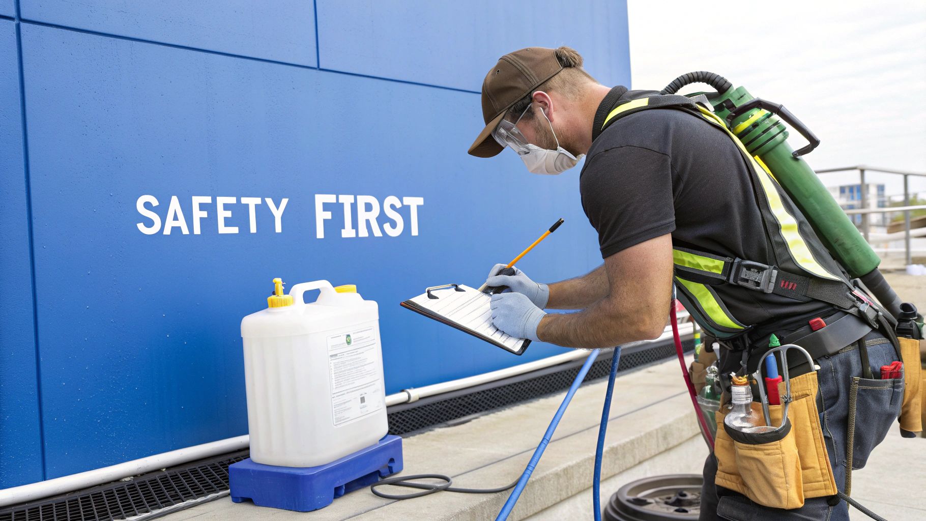 Man in safety gear inspects equipment and writes on a clipboard next to a 'SAFETY FIRST' sign.