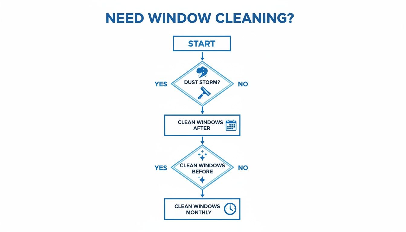 A flowchart titled 'Need Window Cleaning?' showing steps for cleaning windows based on dust storms and a monthly schedule.