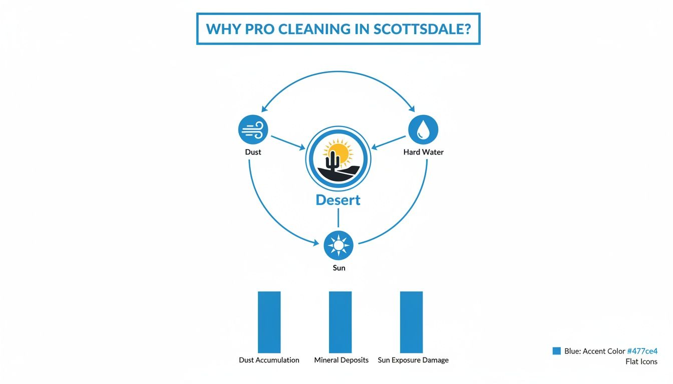 Infographic detailing reasons for professional cleaning in Scottsdale, highlighting desert challenges: dust, hard water, and sun.