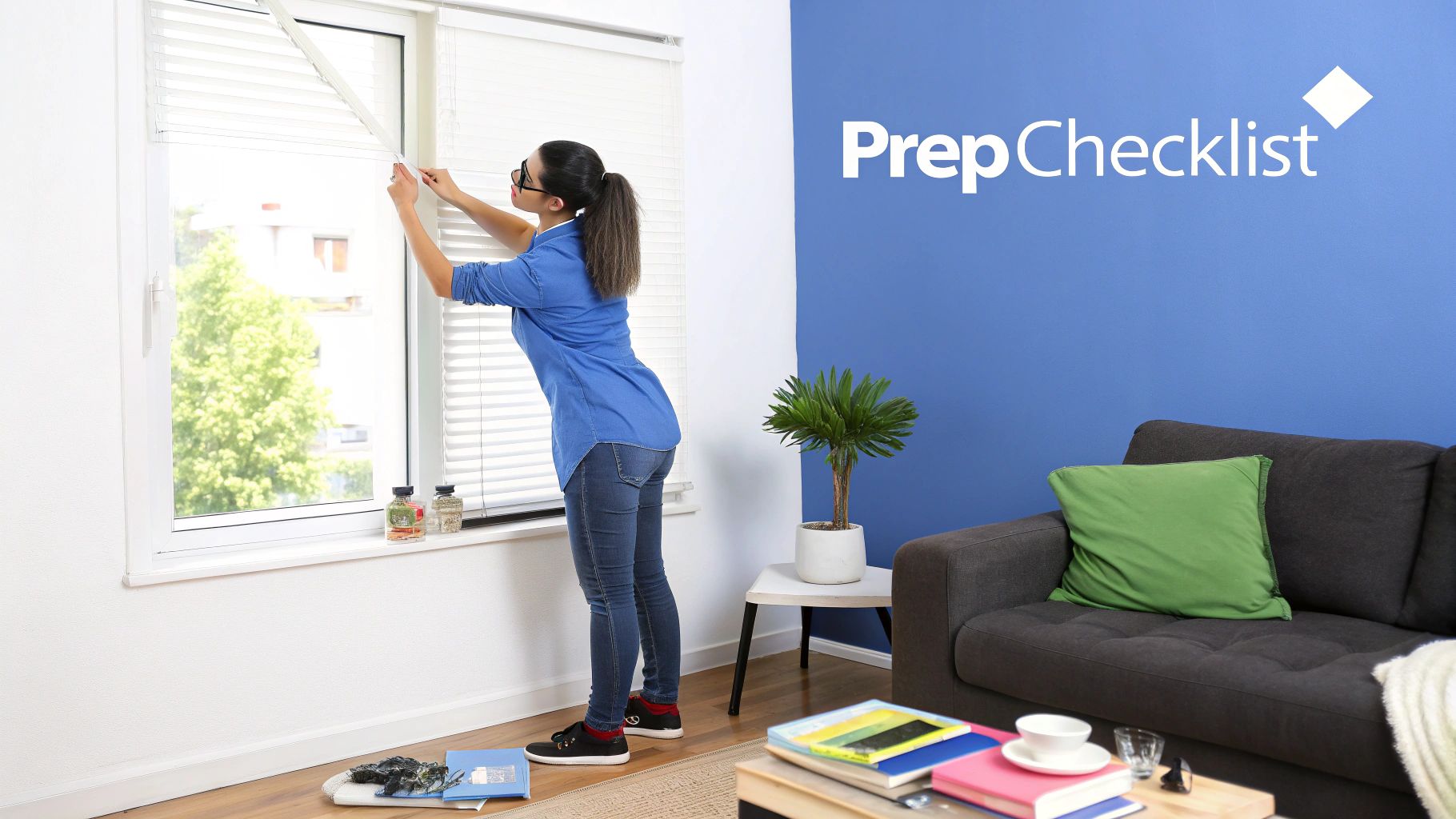 A woman in a blue shirt is cleaning or adjusting horizontal white window blinds.
