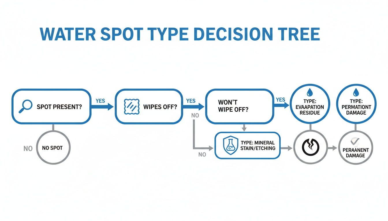 A flowchart decision tree guides users to identify water spot types, leading to residue, mineral stain, or permanent damage.
