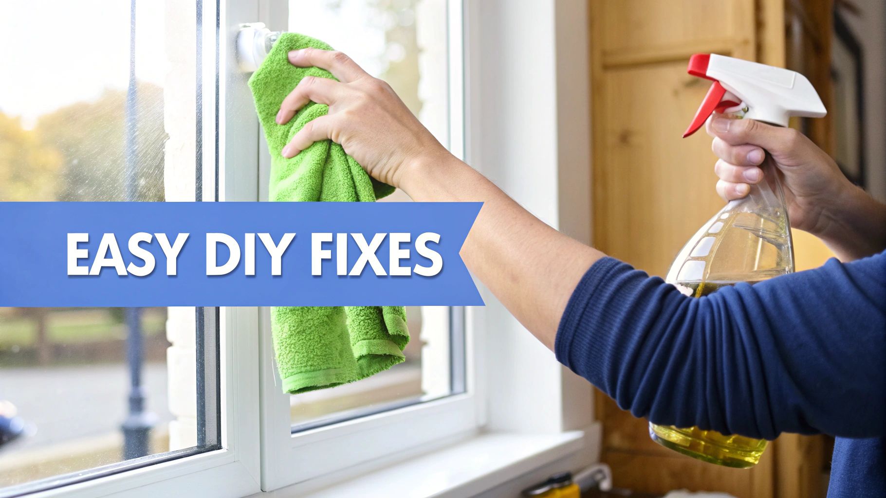 A person's hands cleaning a window with a green microfiber cloth and a spray bottle.