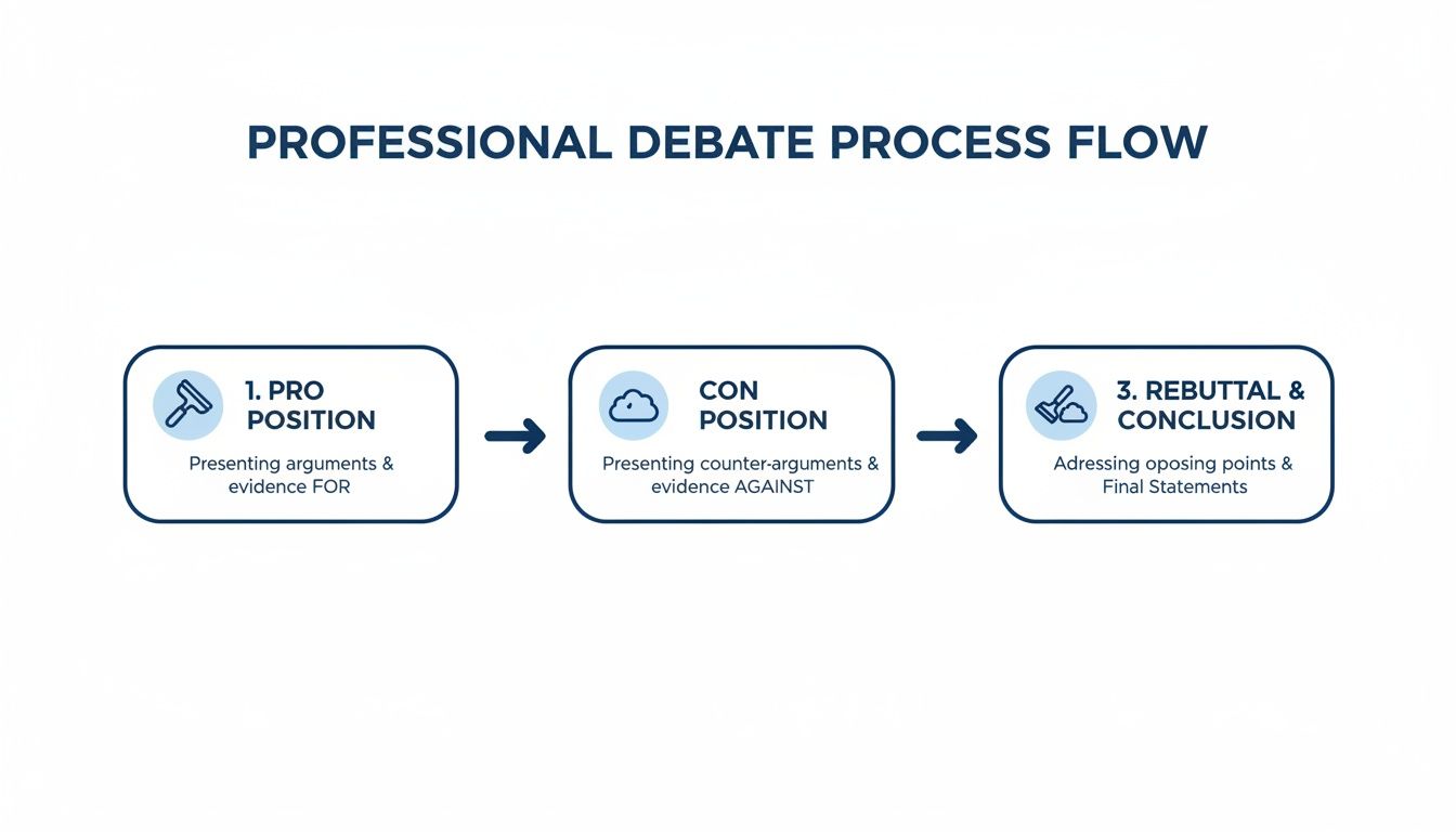 A flowchart illustrates the professional debate process, detailing steps from pro and con positions to rebuttal and conclusion.