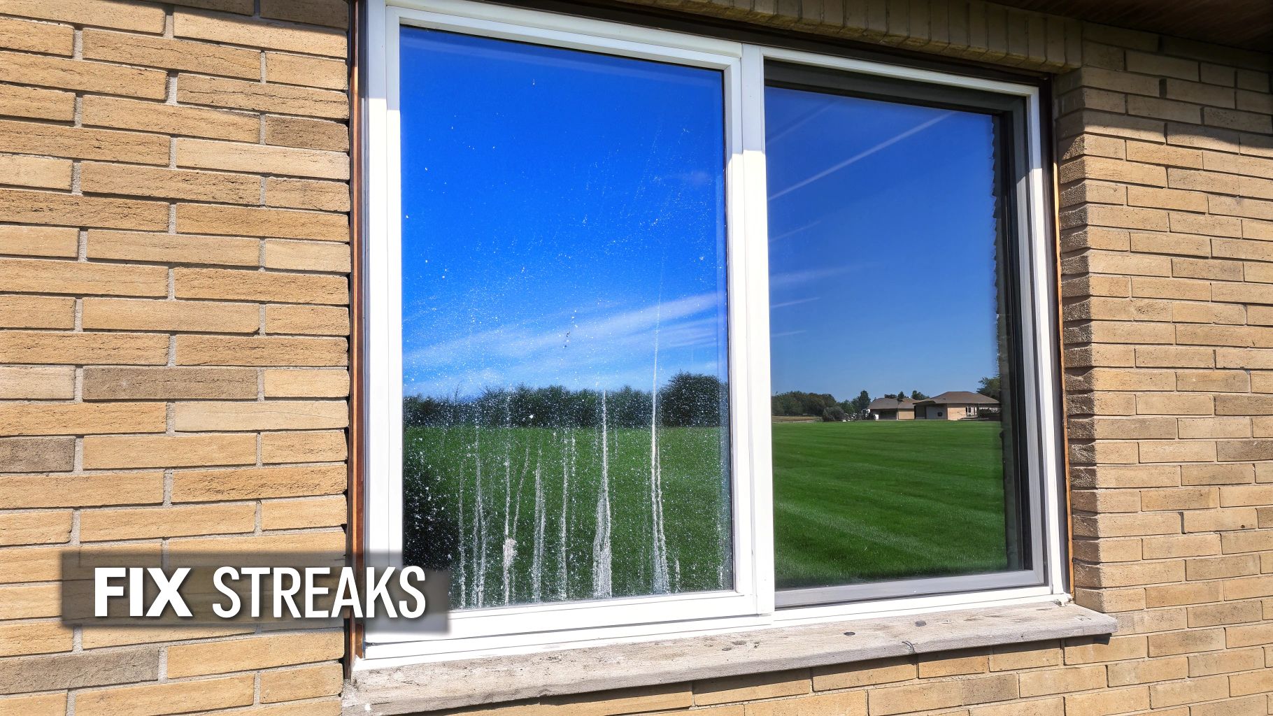 A large window in a brick wall, with one pane showing clear streaks and dirt.