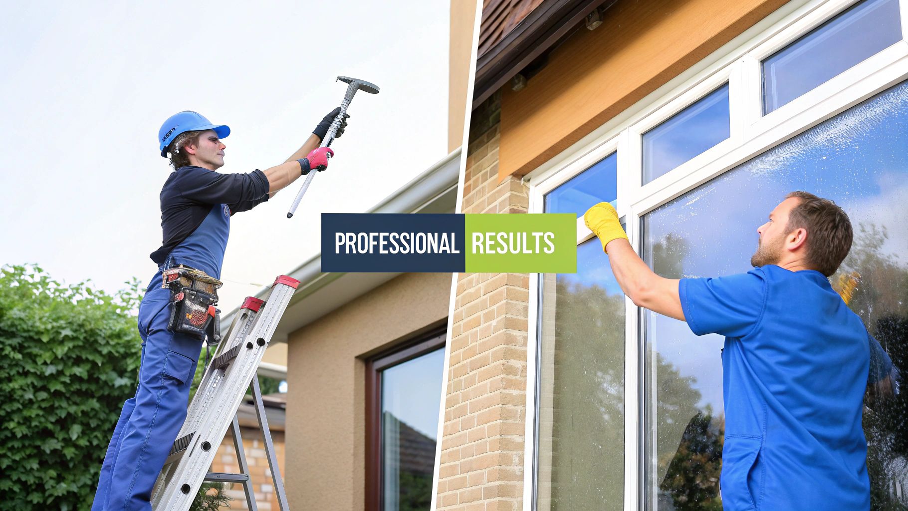 Two professional workers, one cleaning gutters with a tool and another washing windows with a squeegee, achieving professional results.