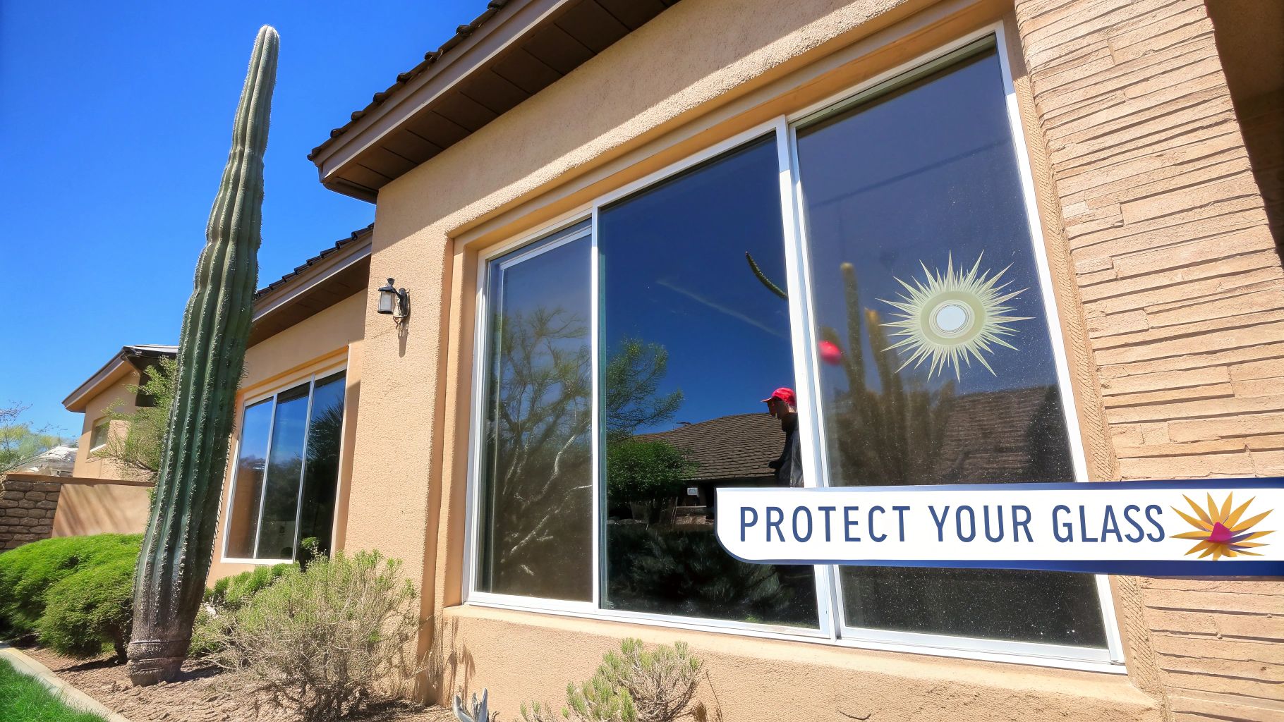 A house with large windows reflecting blue sky, a tall cactus, and a 'PROTECT YOUR GLASS' banner.