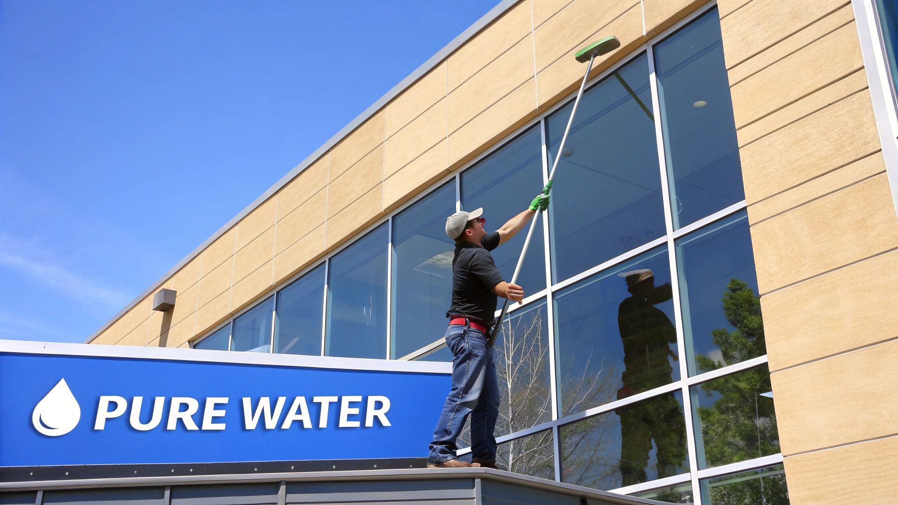 Professional window cleaner using a long pole with a scrubber to clean a commercial building's tall windows.