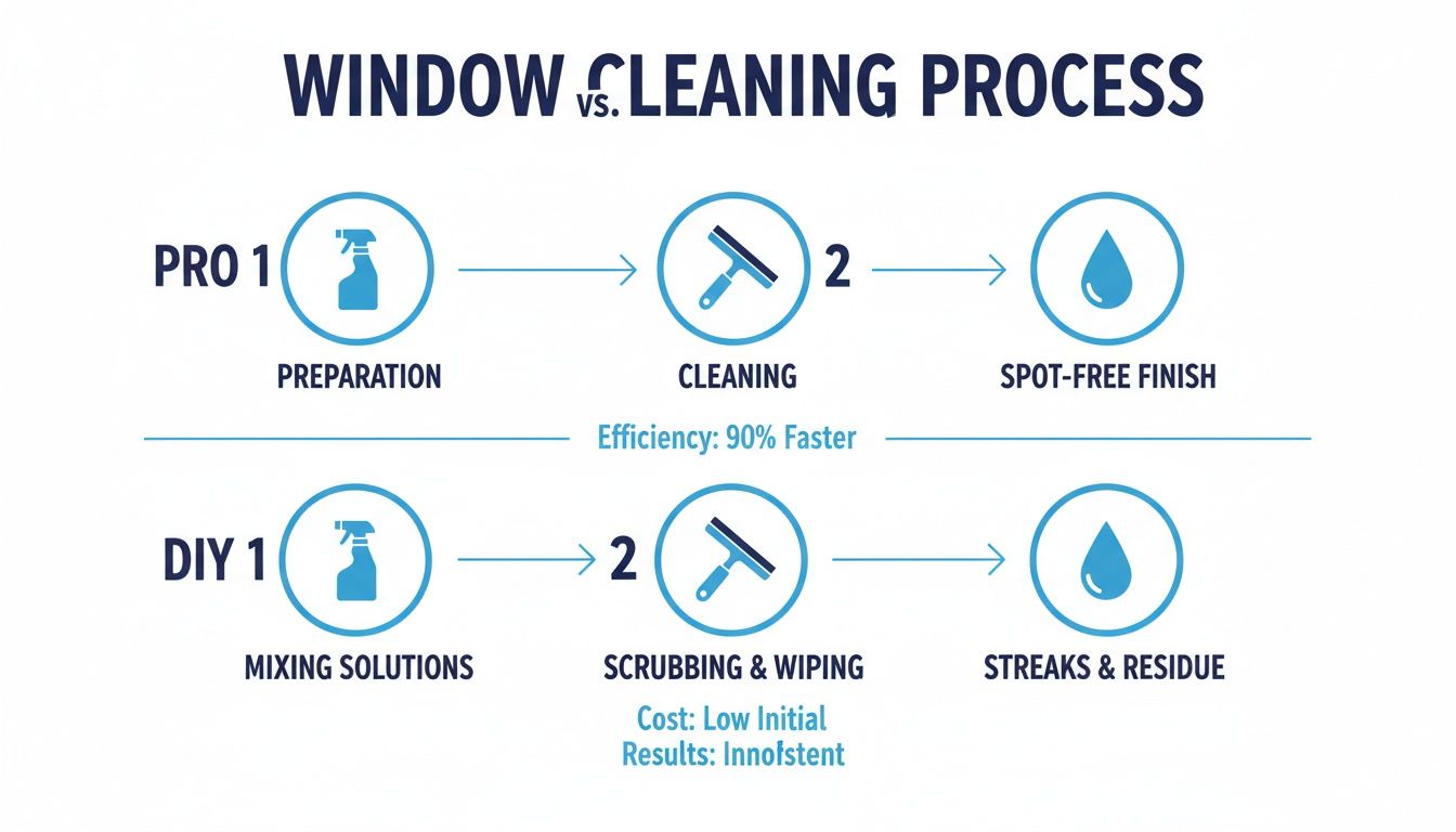 Infographic comparing professional and DIY window cleaning processes, highlighting steps, outcomes, and efficiency.