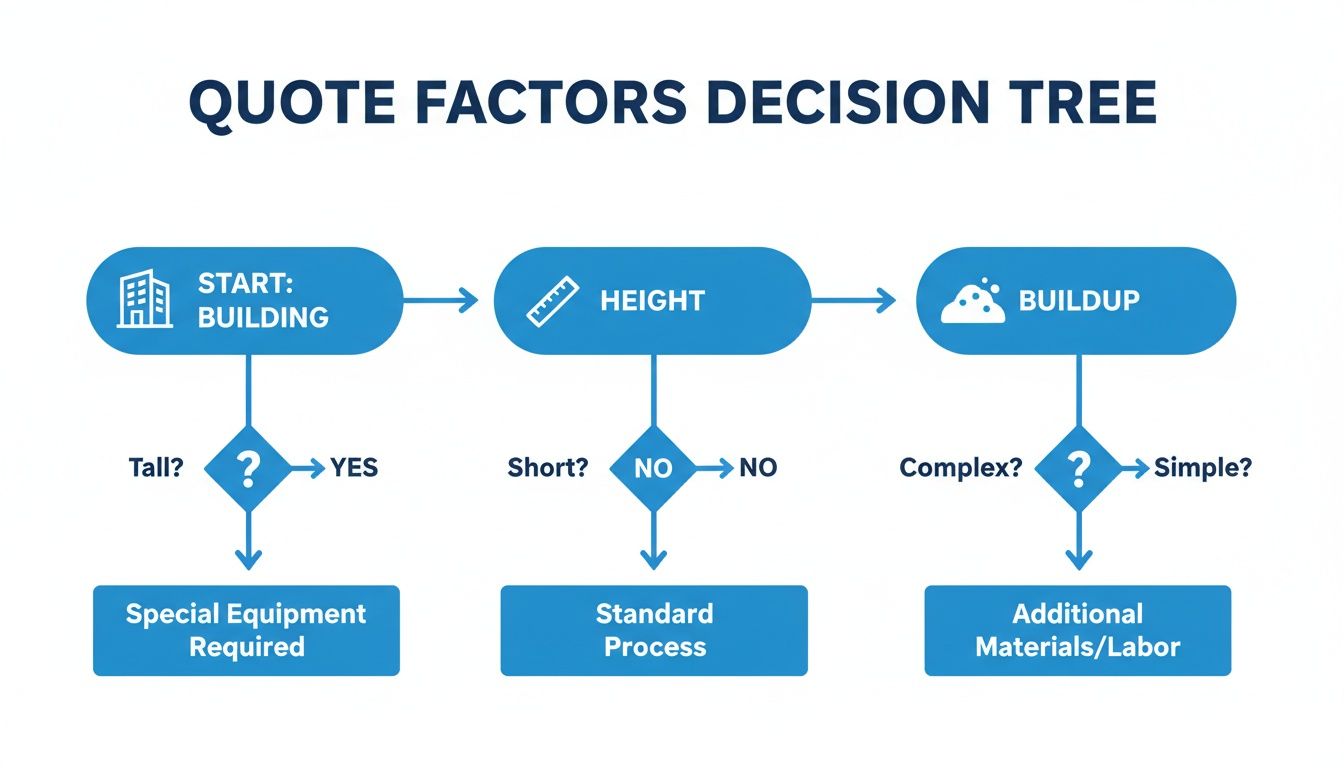 Decision tree flowchart showing quote factors for building projects based on height and buildup.