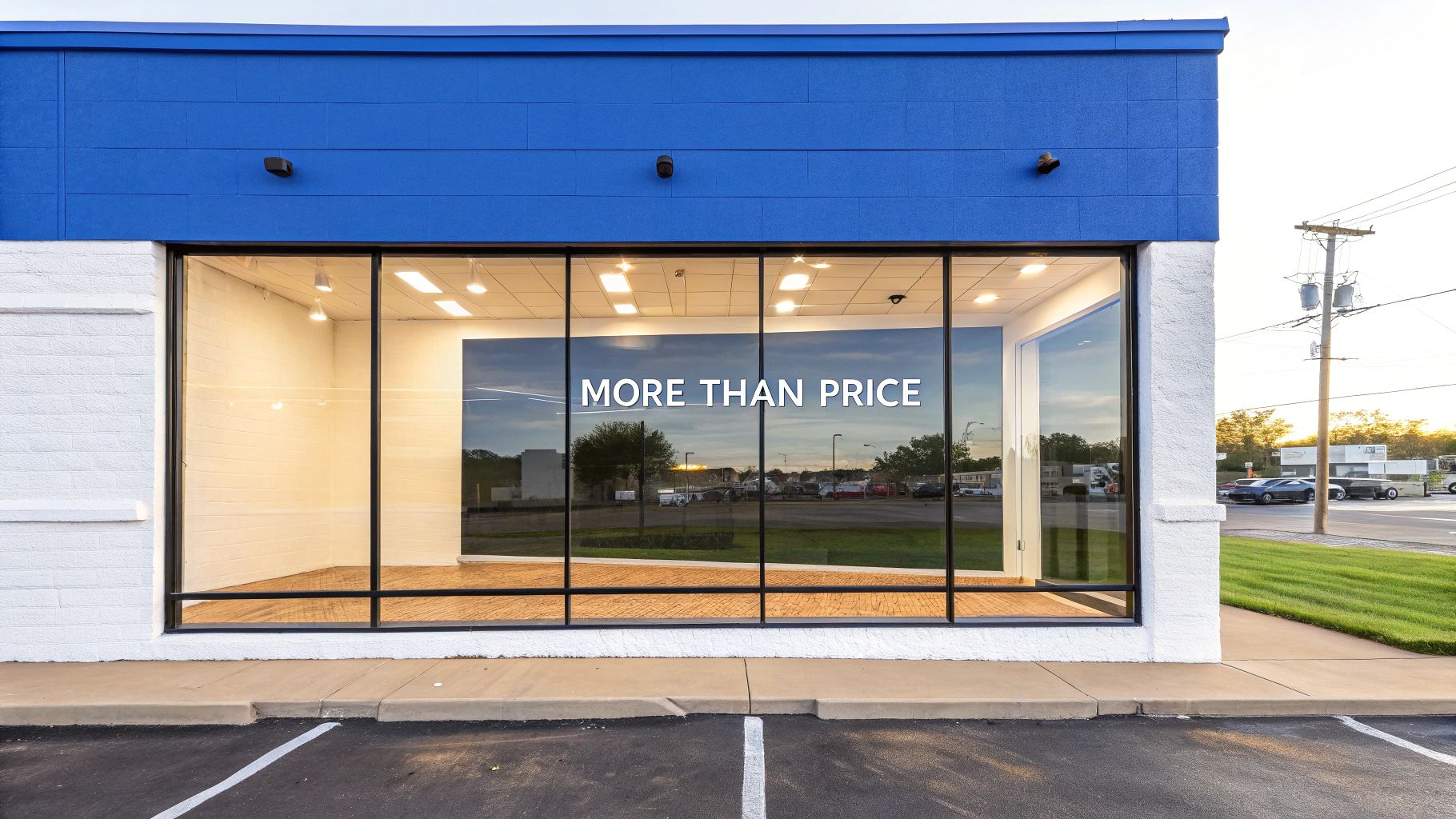Modern commercial building storefront with large windows displaying 'MORE THAN PRICE' text, reflecting a street scene.