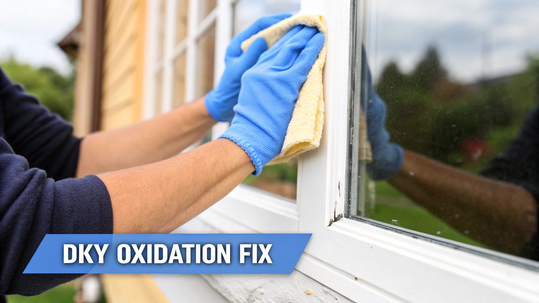 A person wearing blue gloves is cleaning a white window frame with a yellow cloth, removing dirt.