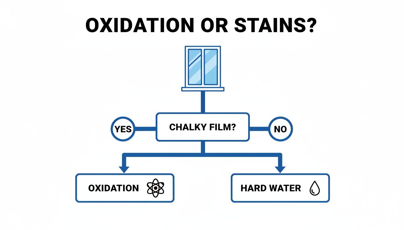 Flowchart explaining how to distinguish between oxidation and hard water stains on windows by checking for a chalky film.