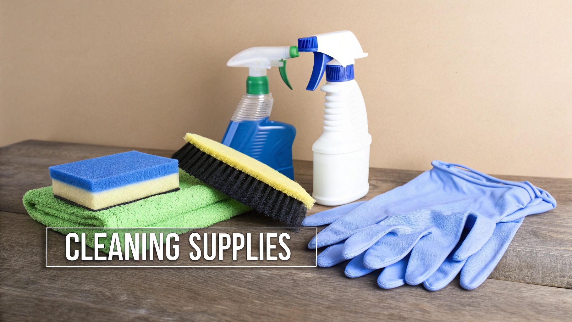 Various cleaning supplies including sponges, towels, spray bottles, a brush, and gloves on a wooden surface.