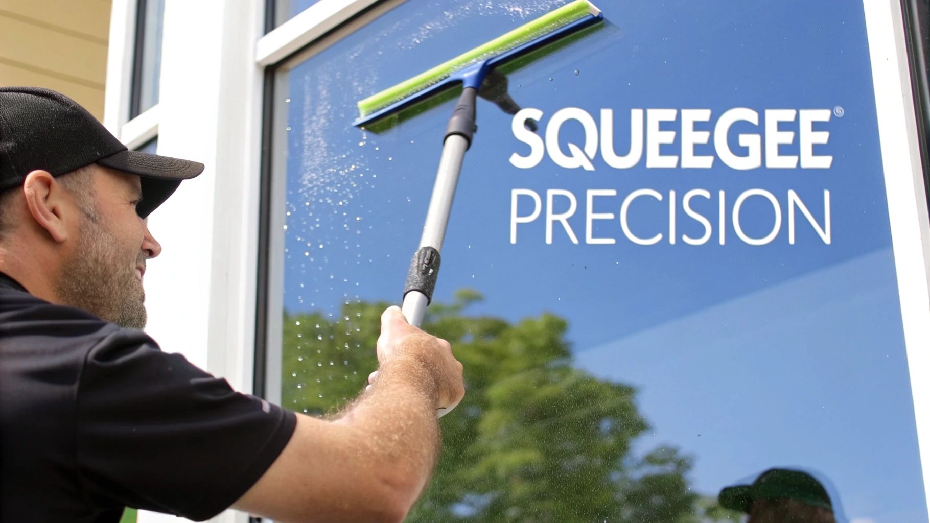A professional cleaner uses a long-handled squeegee to wash a window, featuring 'Squeegee Precision'.