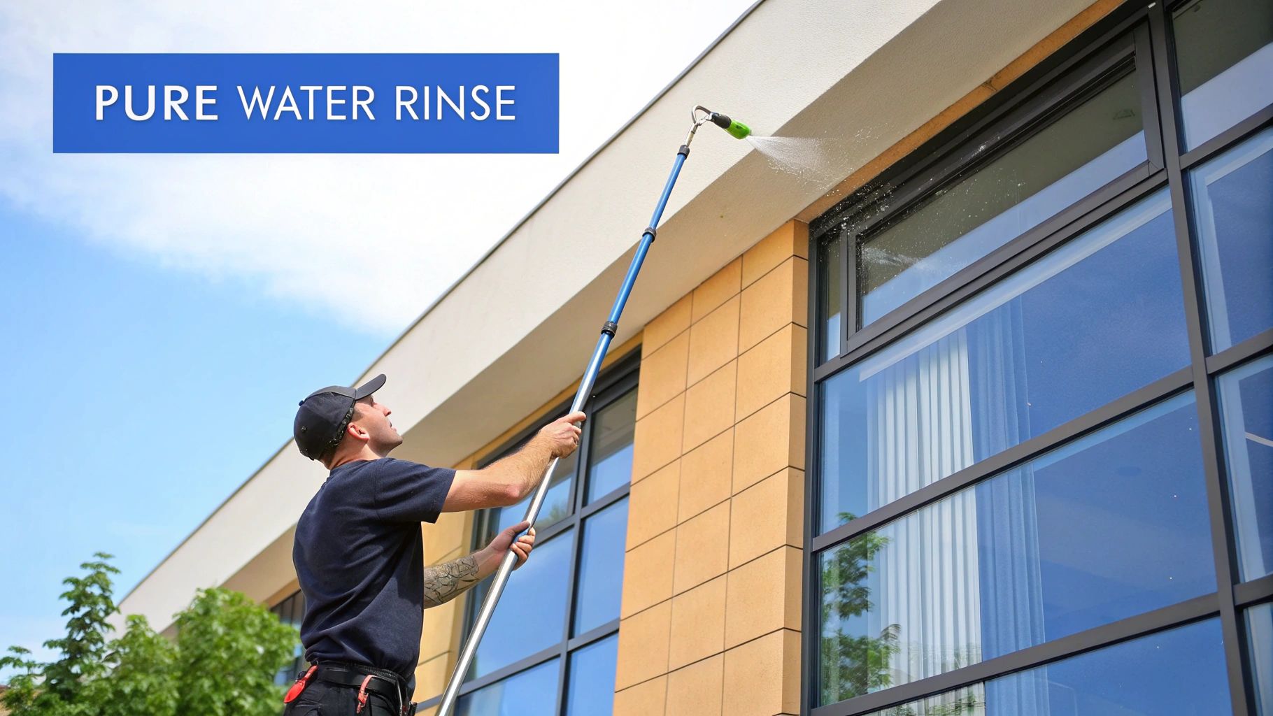 A professional window cleaner uses a long pole and pure water to rinse high windows on a modern building.