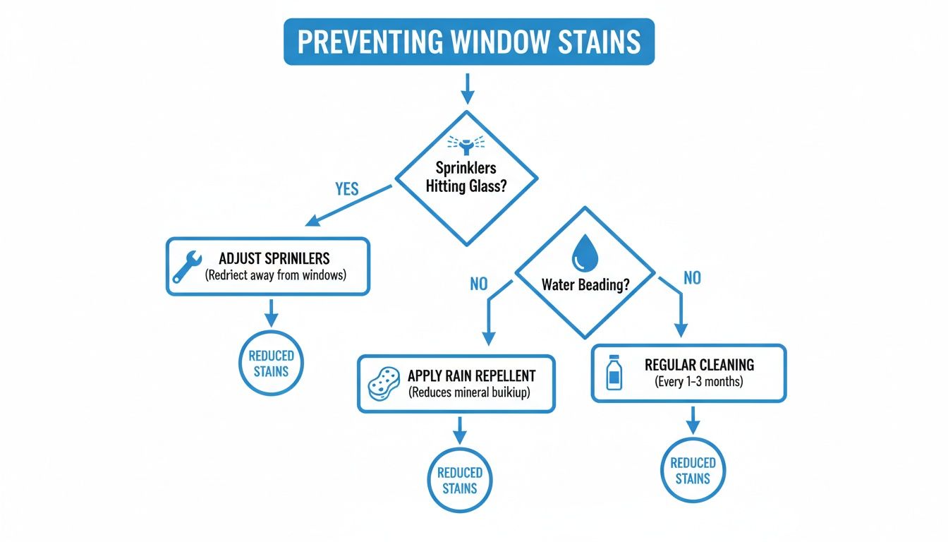 Flowchart detailing steps to prevent window stains, including adjusting sprinklers, applying rain repellent, and regular cleaning for reduced stains.