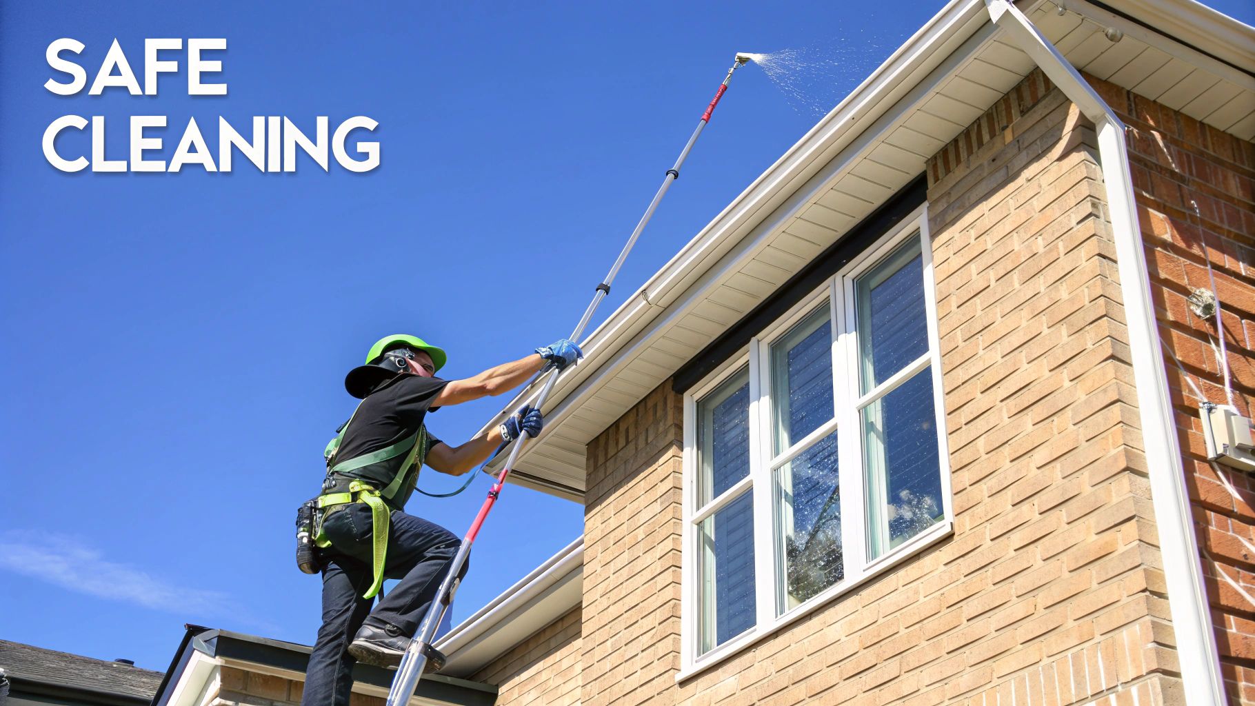 A person on a ladder safely cleans house gutters using a long-reach pole sprayer under a blue sky.