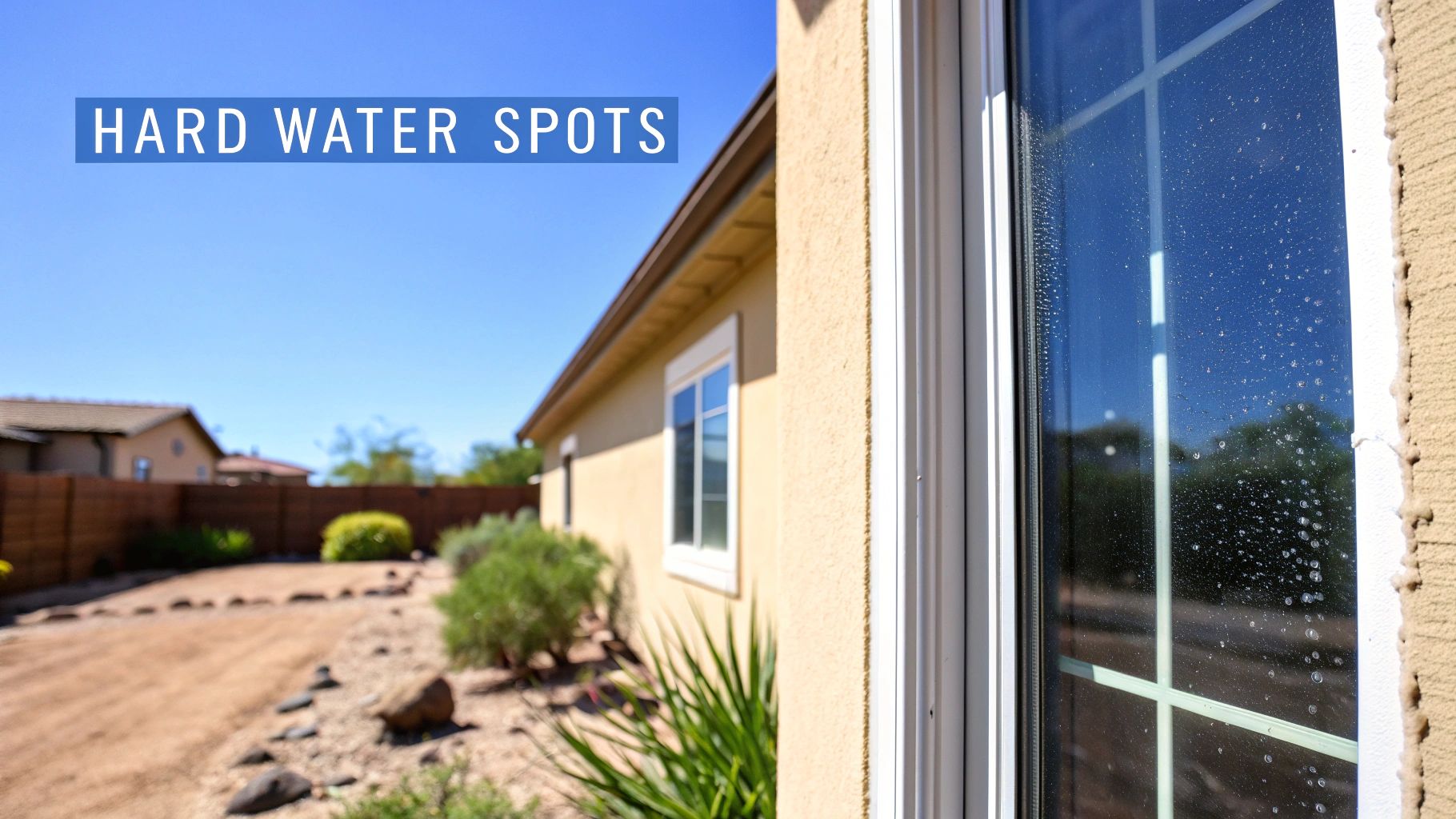 Close-up of a house window pane covered in visible hard water spots under a clear blue sky.