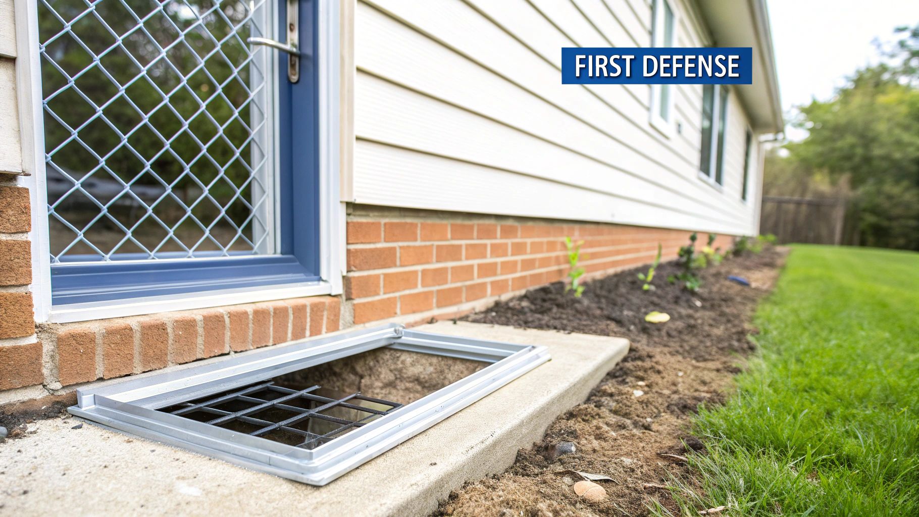 An open window well cover reveals a grate next to a house with white siding and a blue security door.