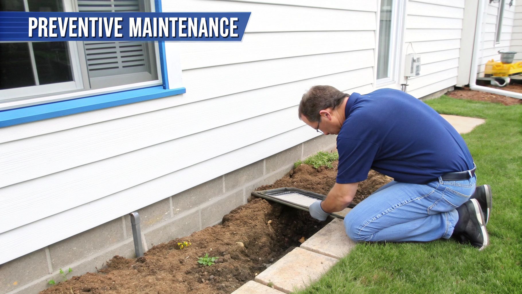 Man in gloves kneels, performing preventive maintenance on a window well next to a house.