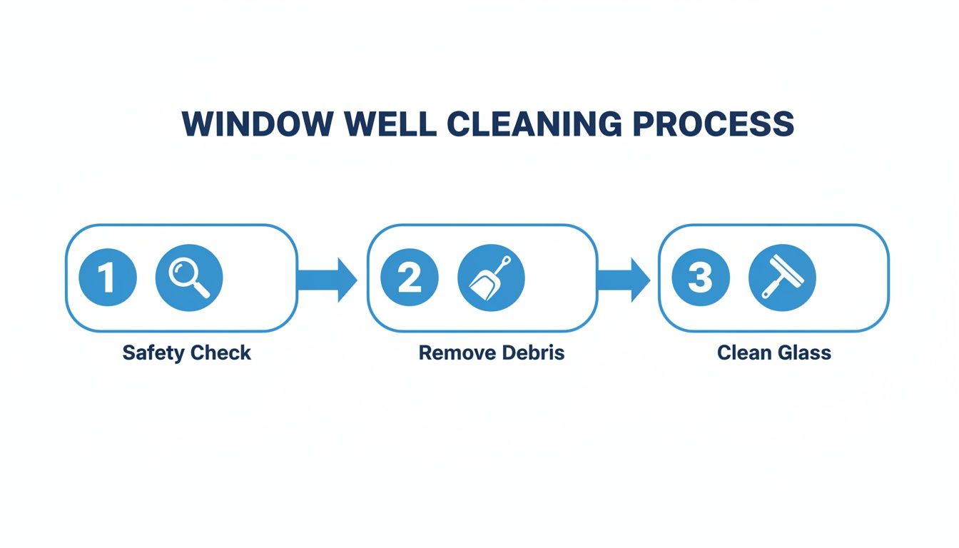 Infographic detailing three steps for window well cleaning: safety check, remove debris, and clean glass.