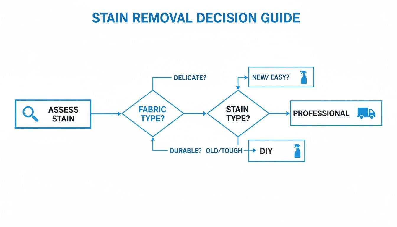 Decision guide flowchart for stain removal, considering fabric and stain type for DIY or professional cleaning.