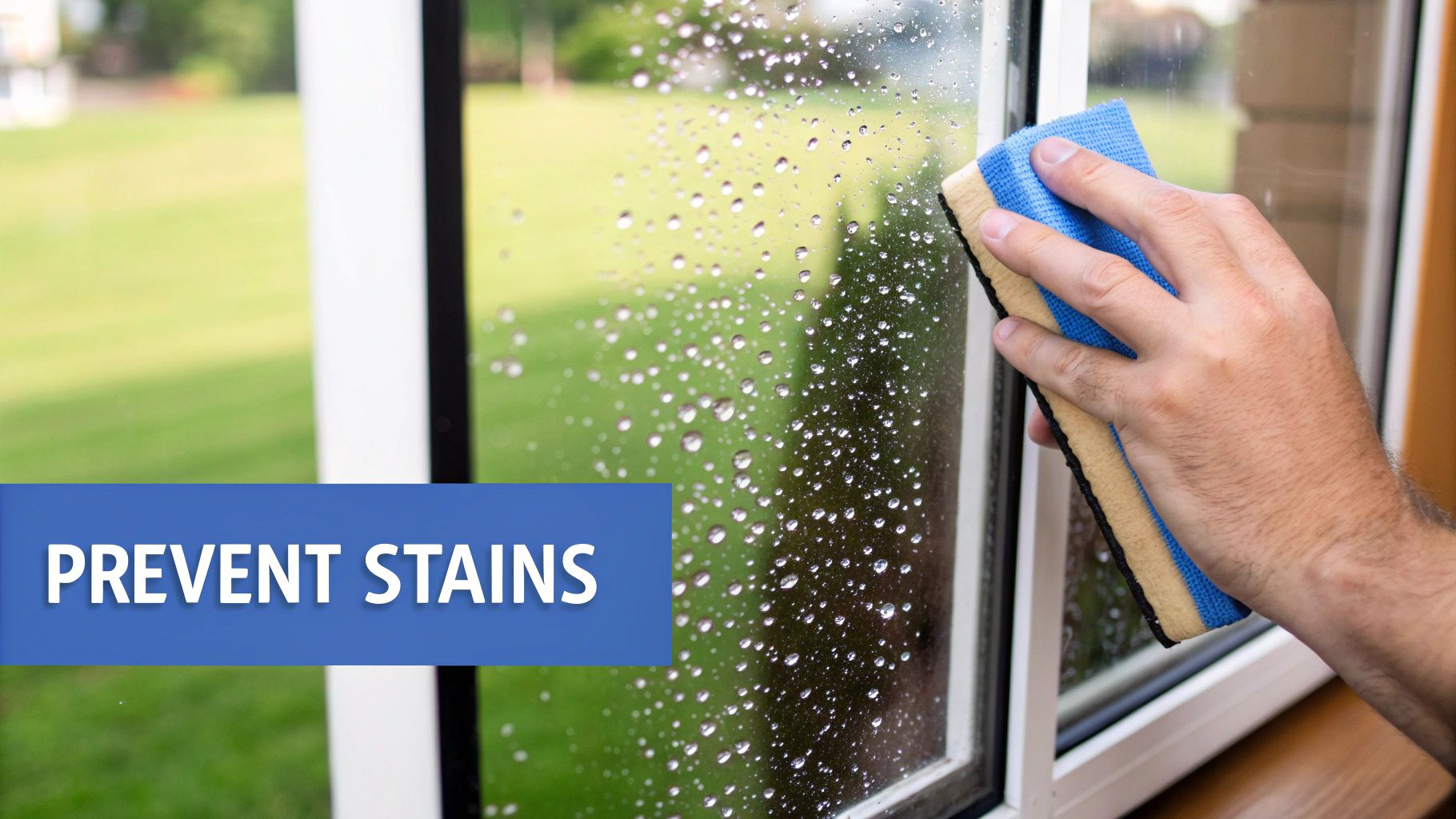A hand uses a blue and tan sponge to clean water droplets off a window, aiming to prevent stains.