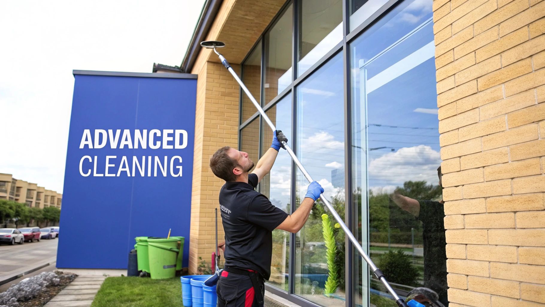 A professional cleaner in blue gloves uses a long pole to wash tall windows on a commercial building, with an "Advanced Cleaning" sign nearby.