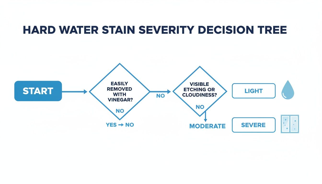 A decision tree flowchart outlining hard water stain severity based on removability with vinegar and visible etching or cloudiness.