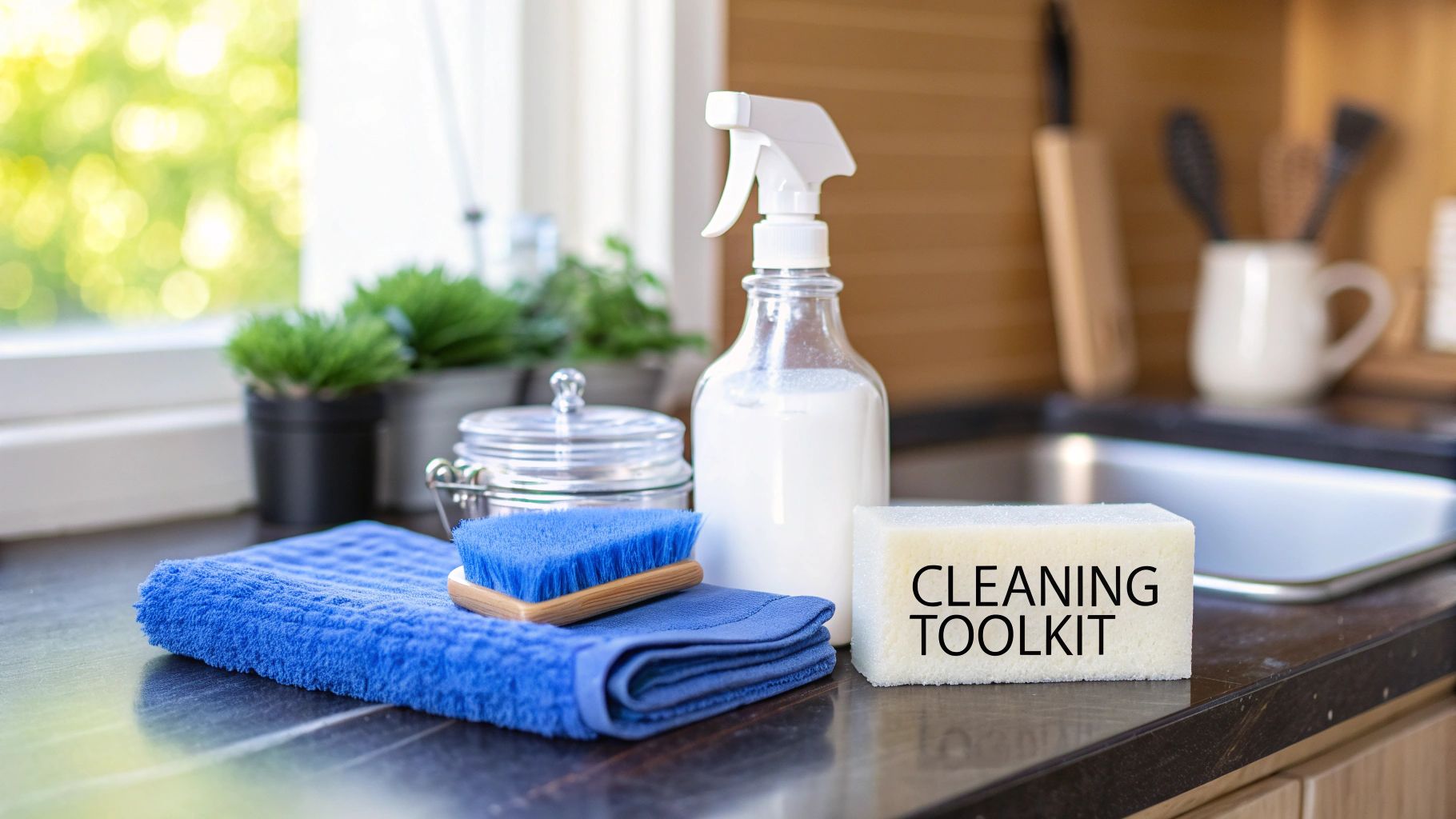 Kitchen counter with various cleaning tools: blue towel, brush, spray bottle, and "CLEANING TOOLKIT" sponge.