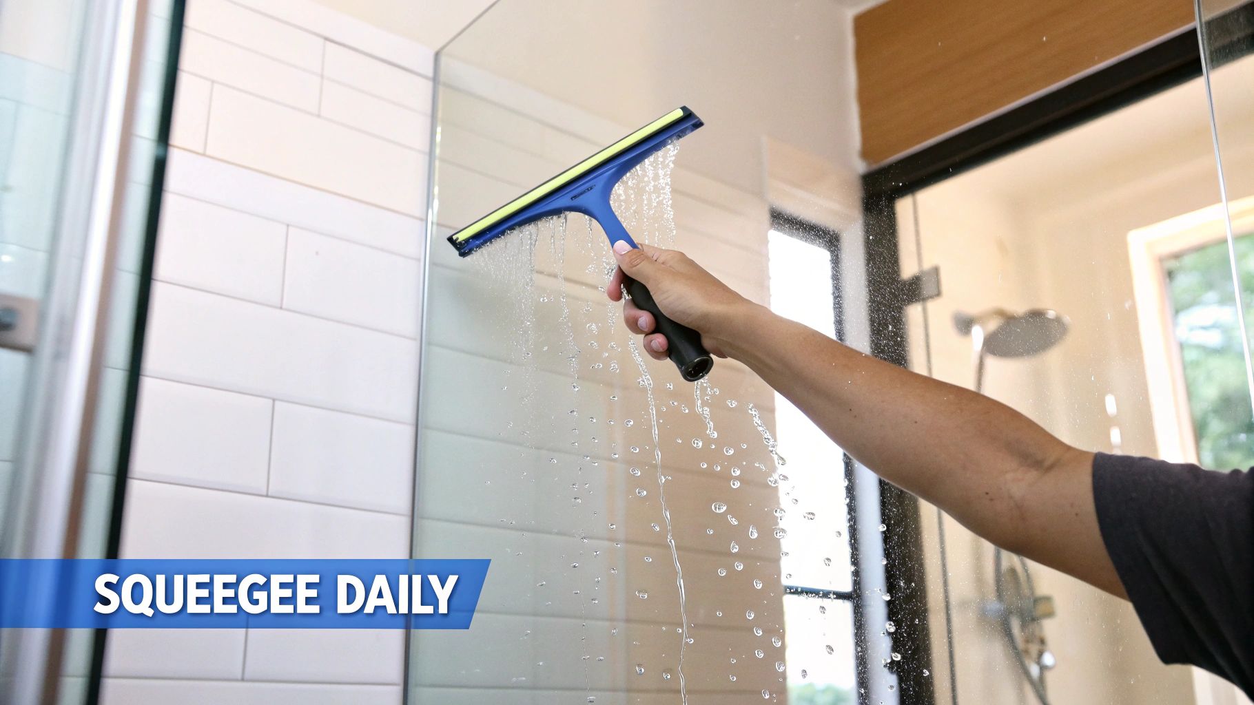A hand holds a blue squeegee with a yellow blade, cleaning water from a glass shower door.