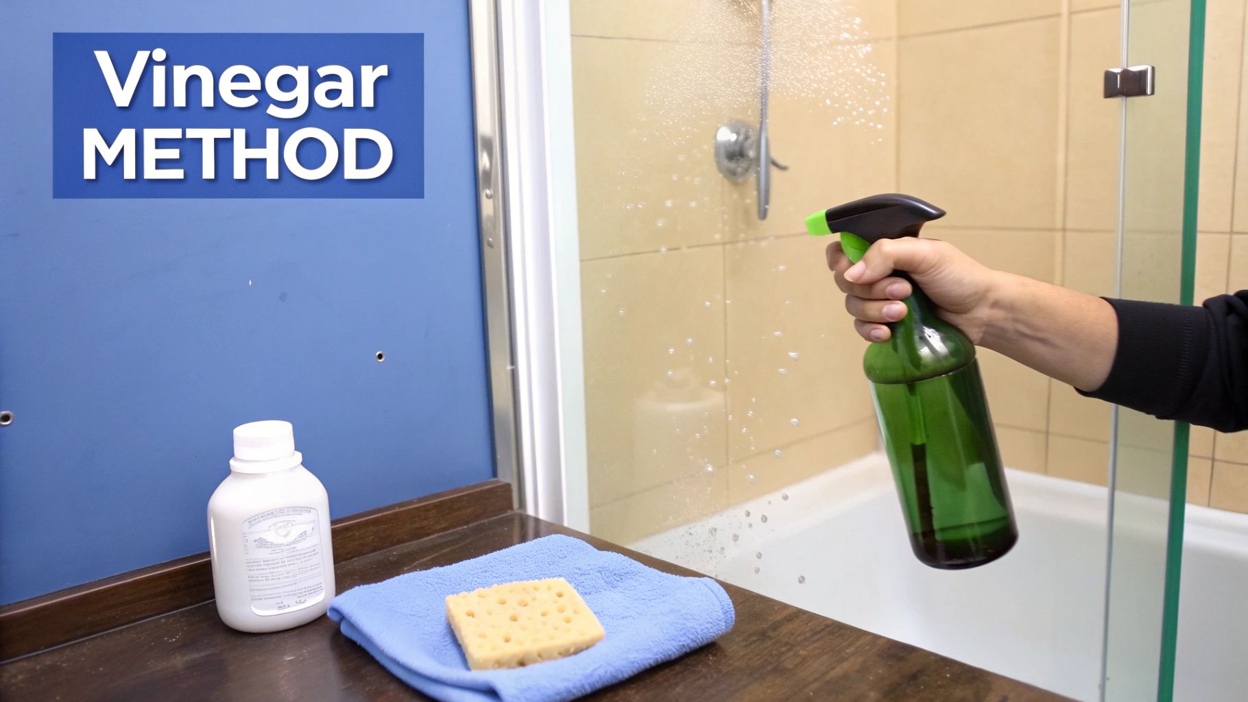 Person spraying vinegar solution onto a glass shower door to remove hard water stains.