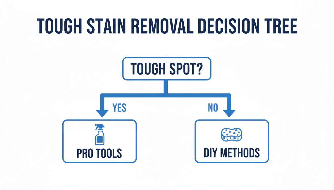 A decision tree diagram illustrating options for tough stain removal, guiding users to pro tools or DIY methods.