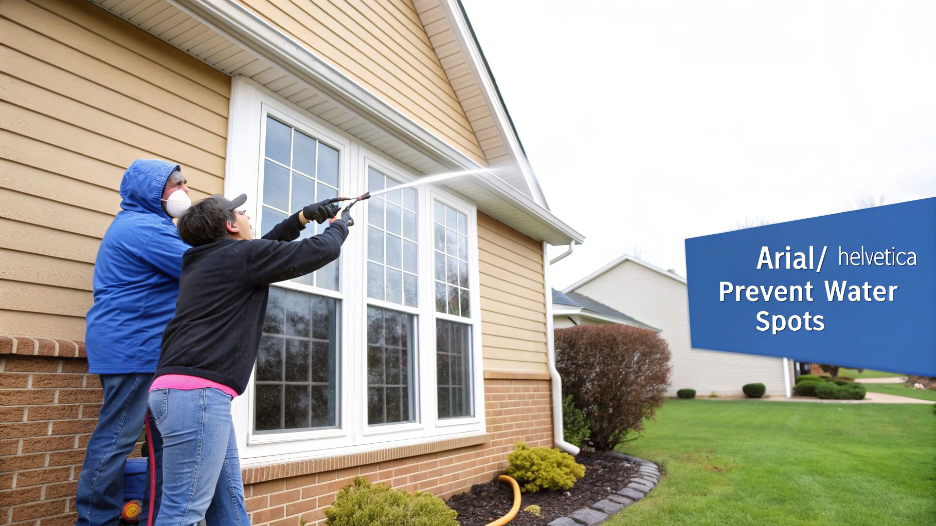 Two people cleaning house windows with a pressure washer, working to prevent water spots.