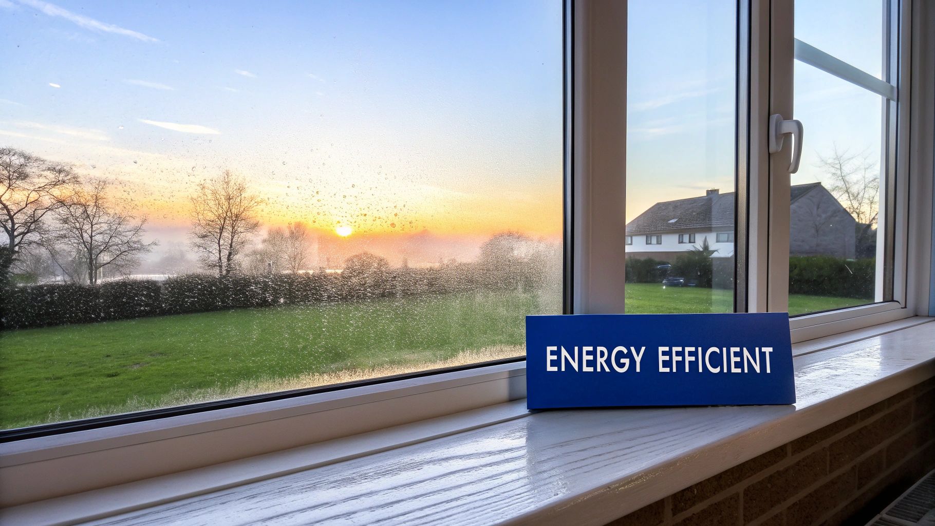 A window with condensation looking out to a misty sunrise, with an 'ENERGY EFFICIENT' sign on the windowsill.