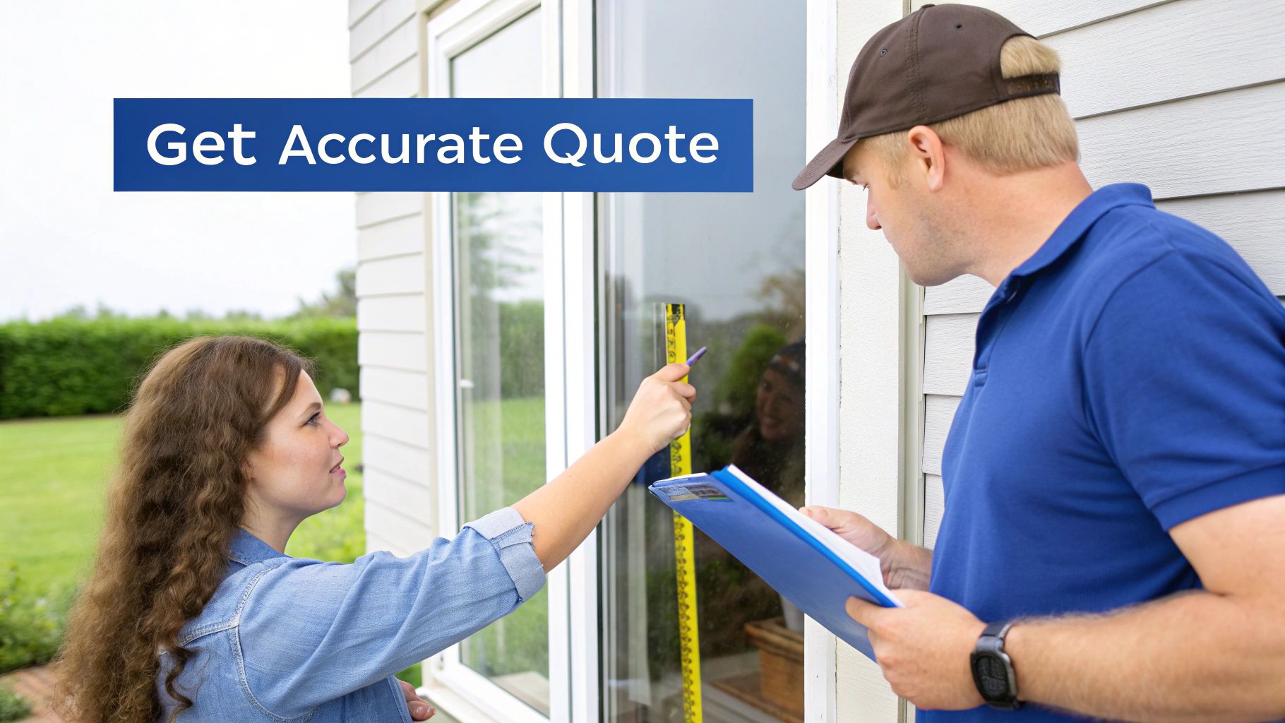 A woman measures a window with a tape measure while a man takes notes on a clipboard for a quote.