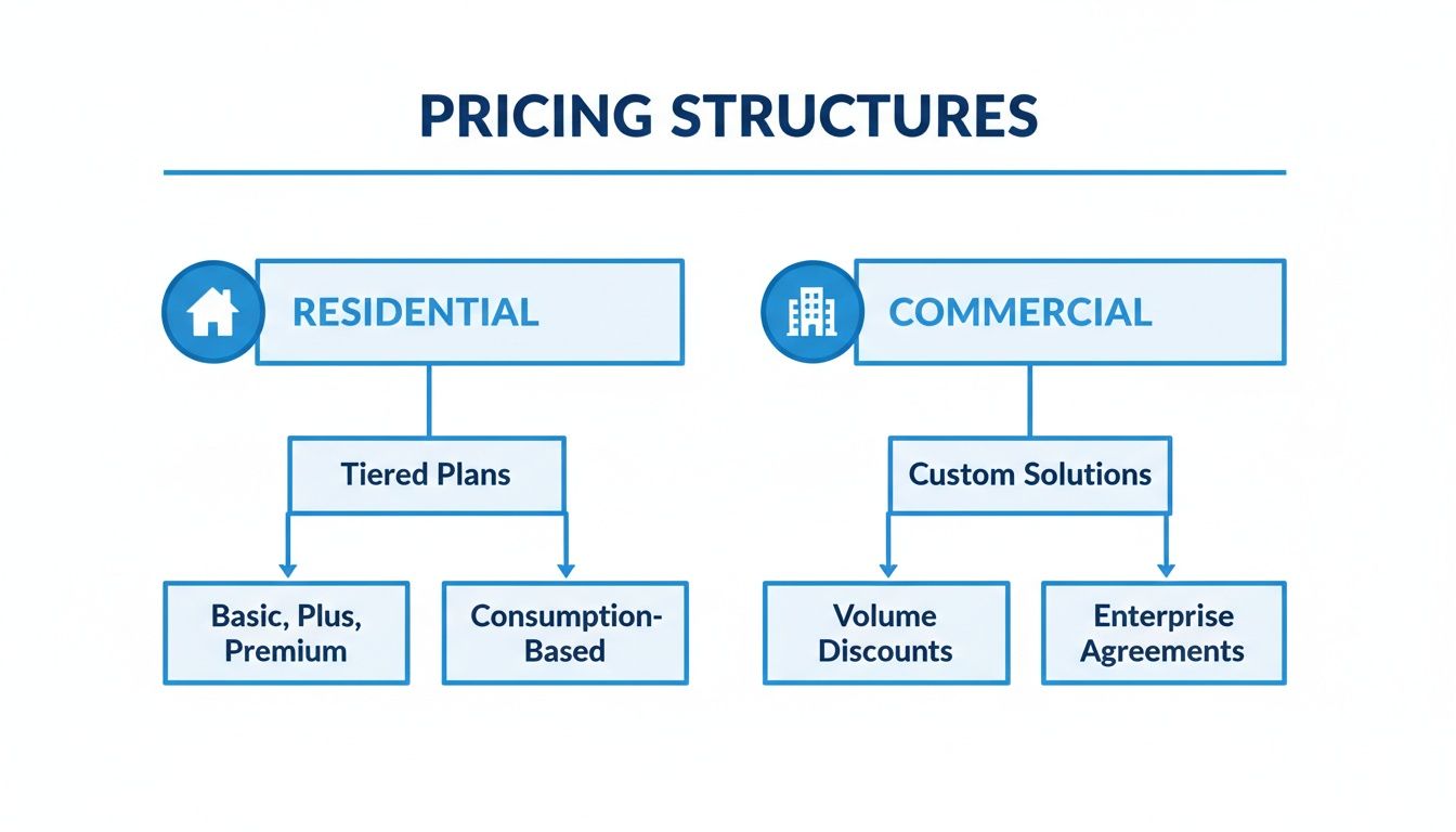 Diagram detailing pricing structures for residential (tiered, consumption-based) and commercial (custom solutions, discounts, agreements).