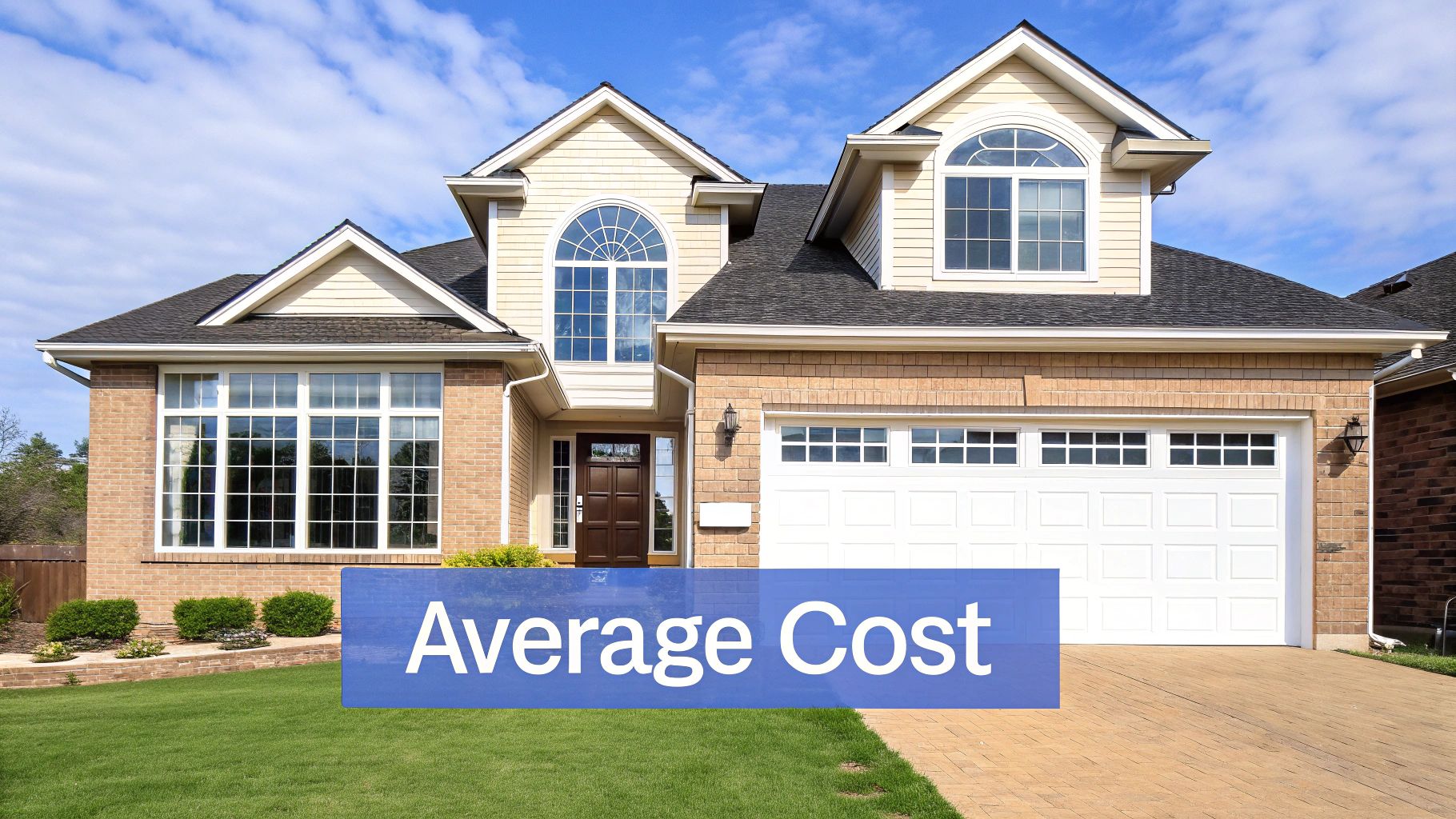 A large, modern house with brick and siding, featuring a blue banner on the lawn displaying 'Average Cost'.