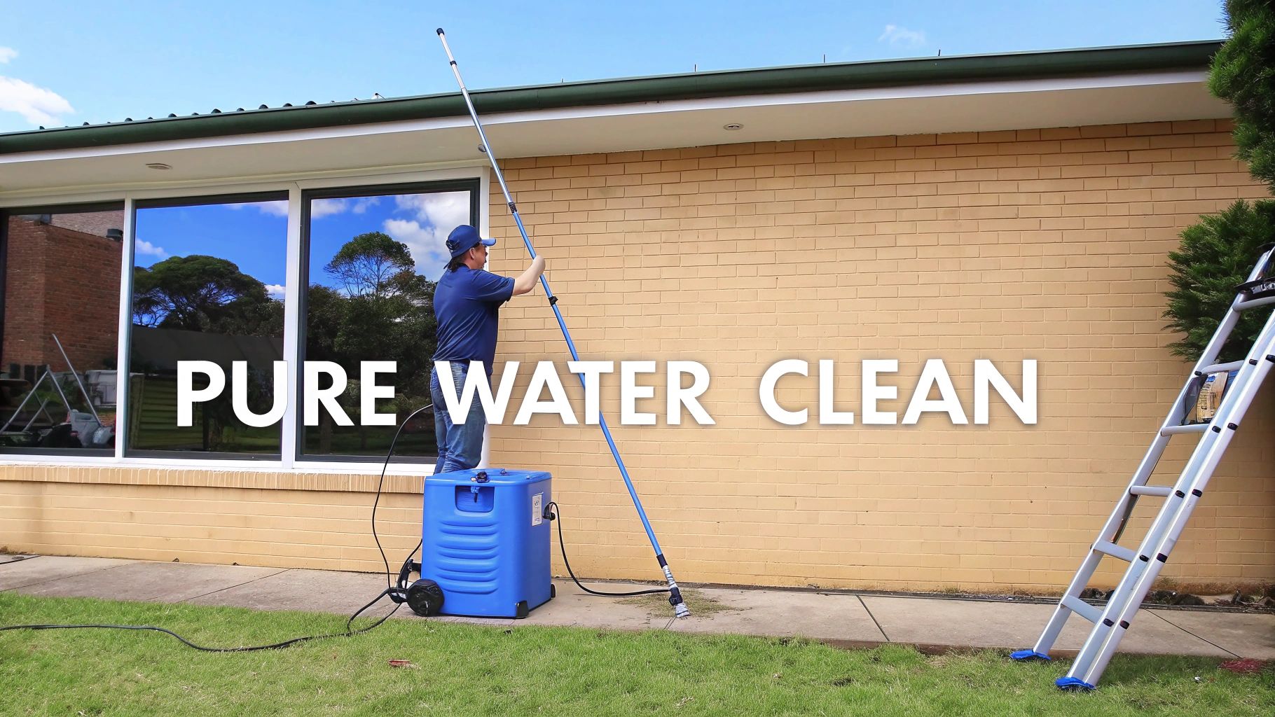 A man uses a pure water cleaning system with a long pole to wash house windows.