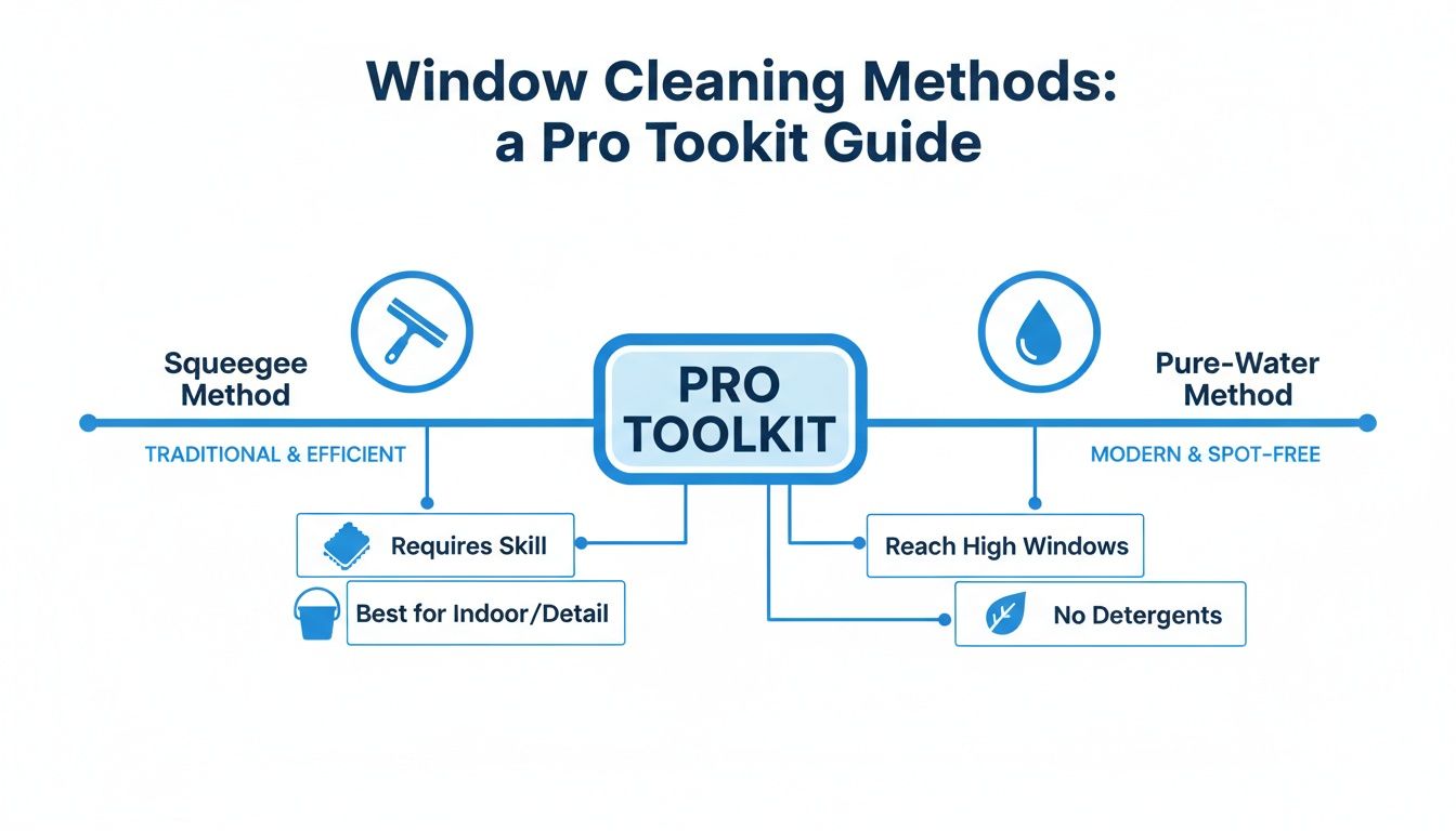 Diagram showing two professional window cleaning methods: Squeegee and Pure-Water, with pros and cons.