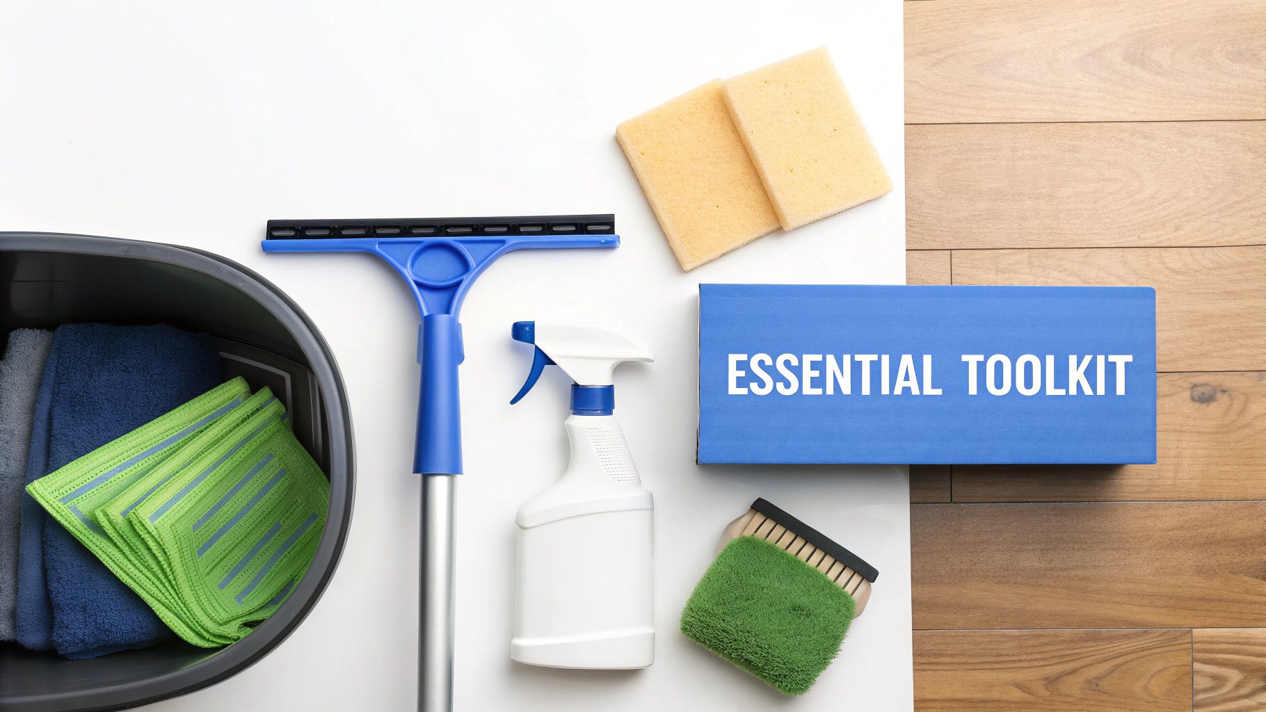 A flat lay of essential window cleaning supplies, including a squeegee, spray bottle, bucket with cloths, sponges, and a brush, alongside a blue box labeled "ESSENTIAL TOOLKIT" on a white and wooden background.