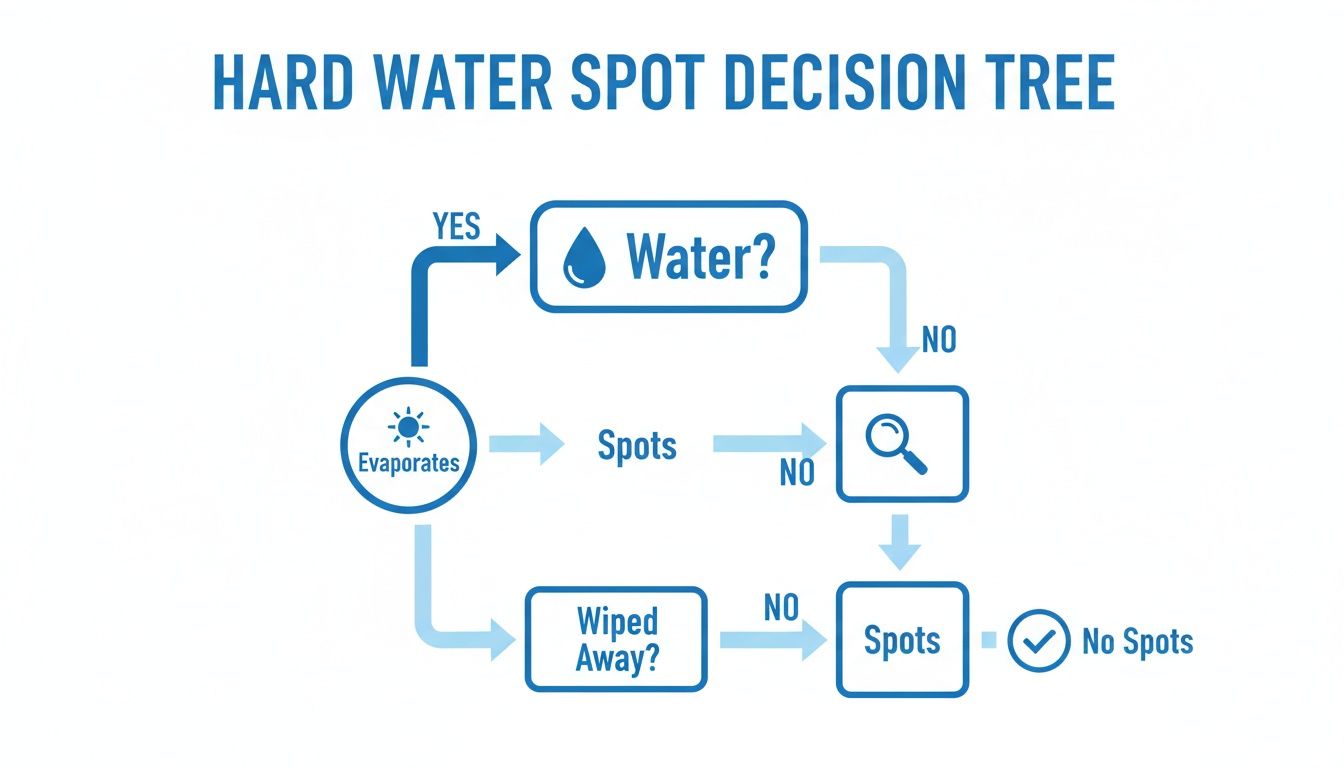 A hard water spot decision tree flow chart explaining how to identify water spots.