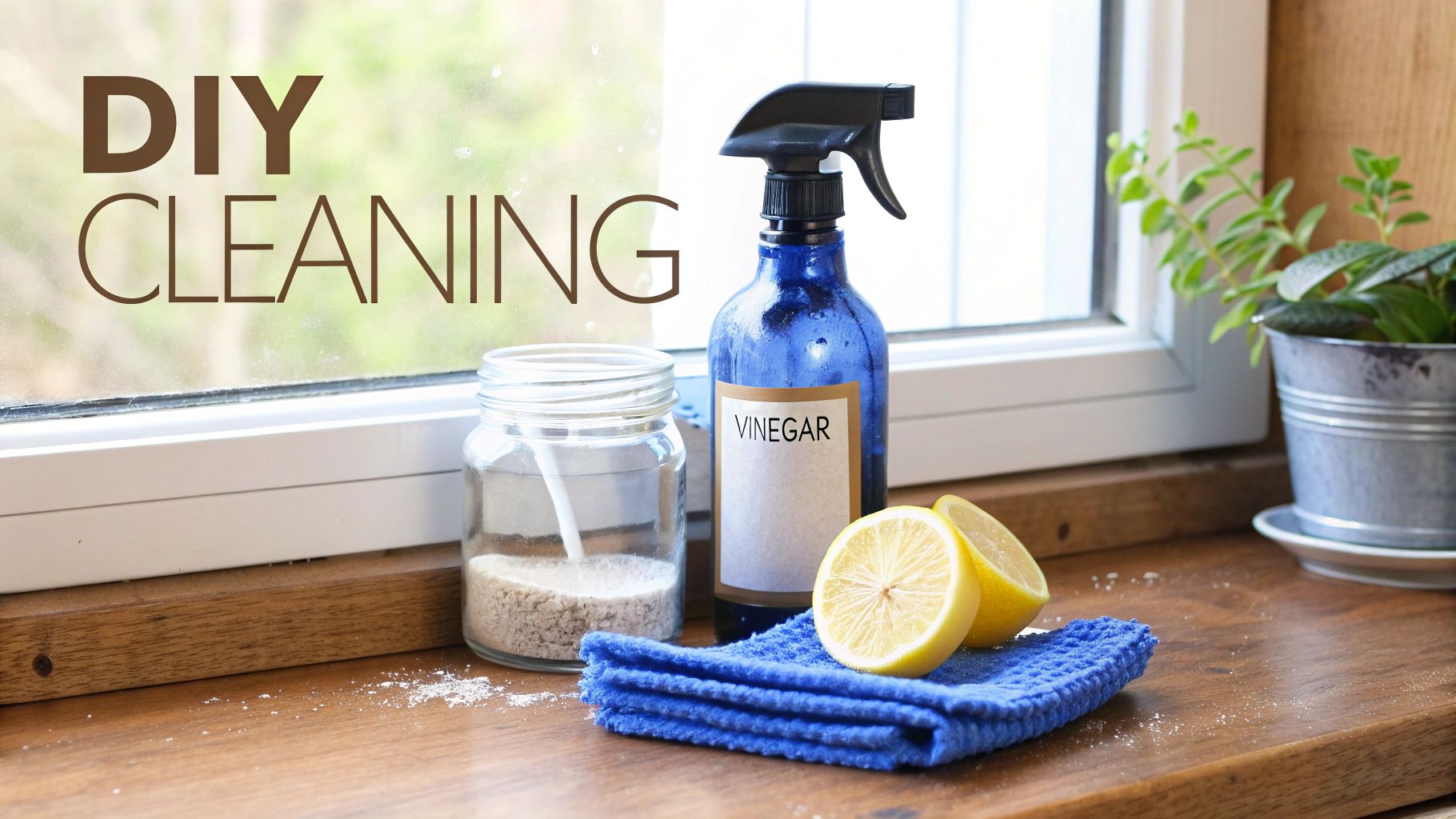 Natural DIY cleaning ingredients on a window sill: vinegar spray, baking soda, lemons, and cloth.