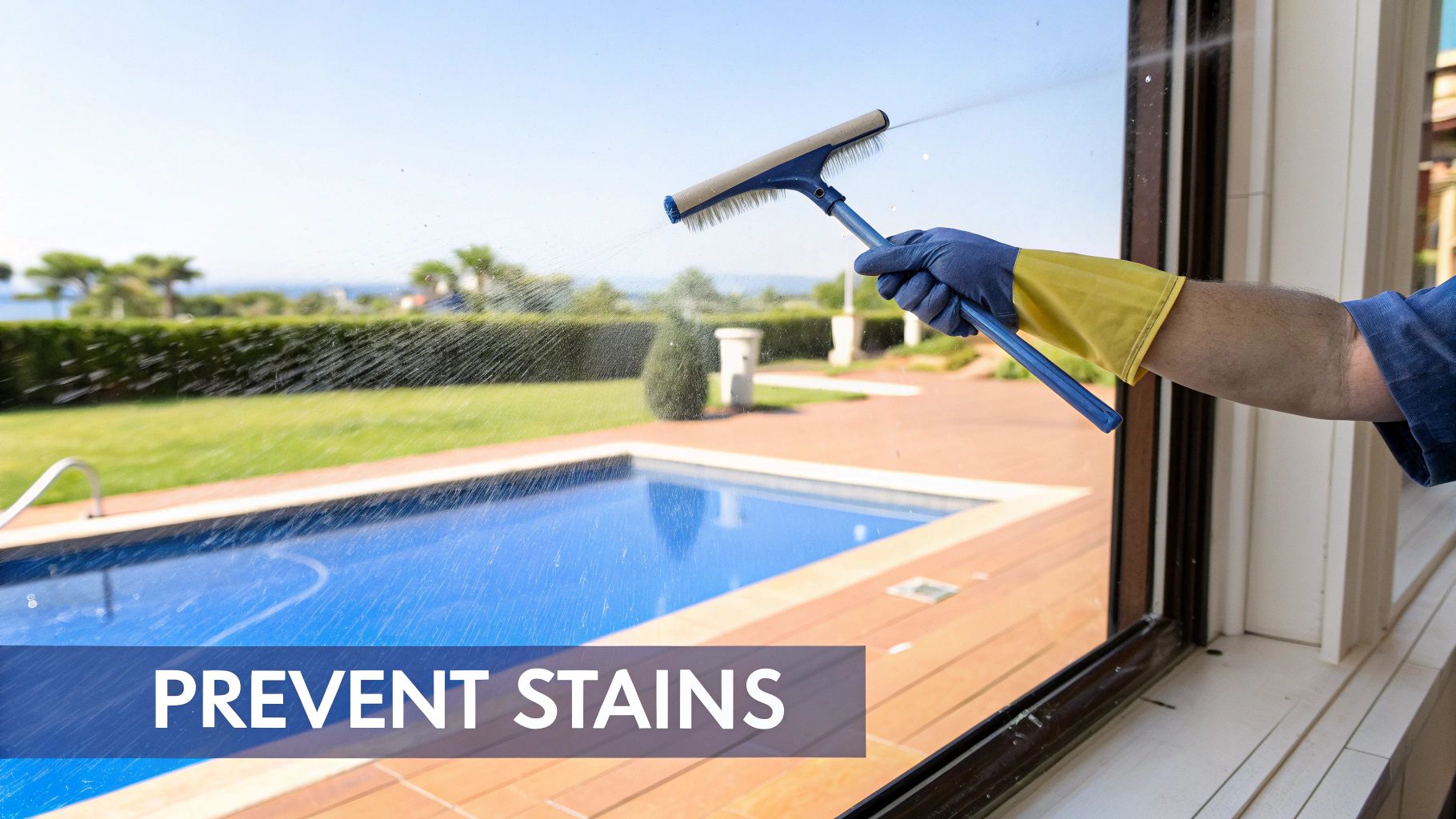 Person in yellow and blue gloves cleaning a window with a squeegee, overlooking a pool and garden, preventing stains.