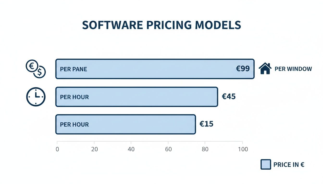 Bar chart illustrating software pricing models: €99 per pane/window, €45 per hour, and €15 per hour.